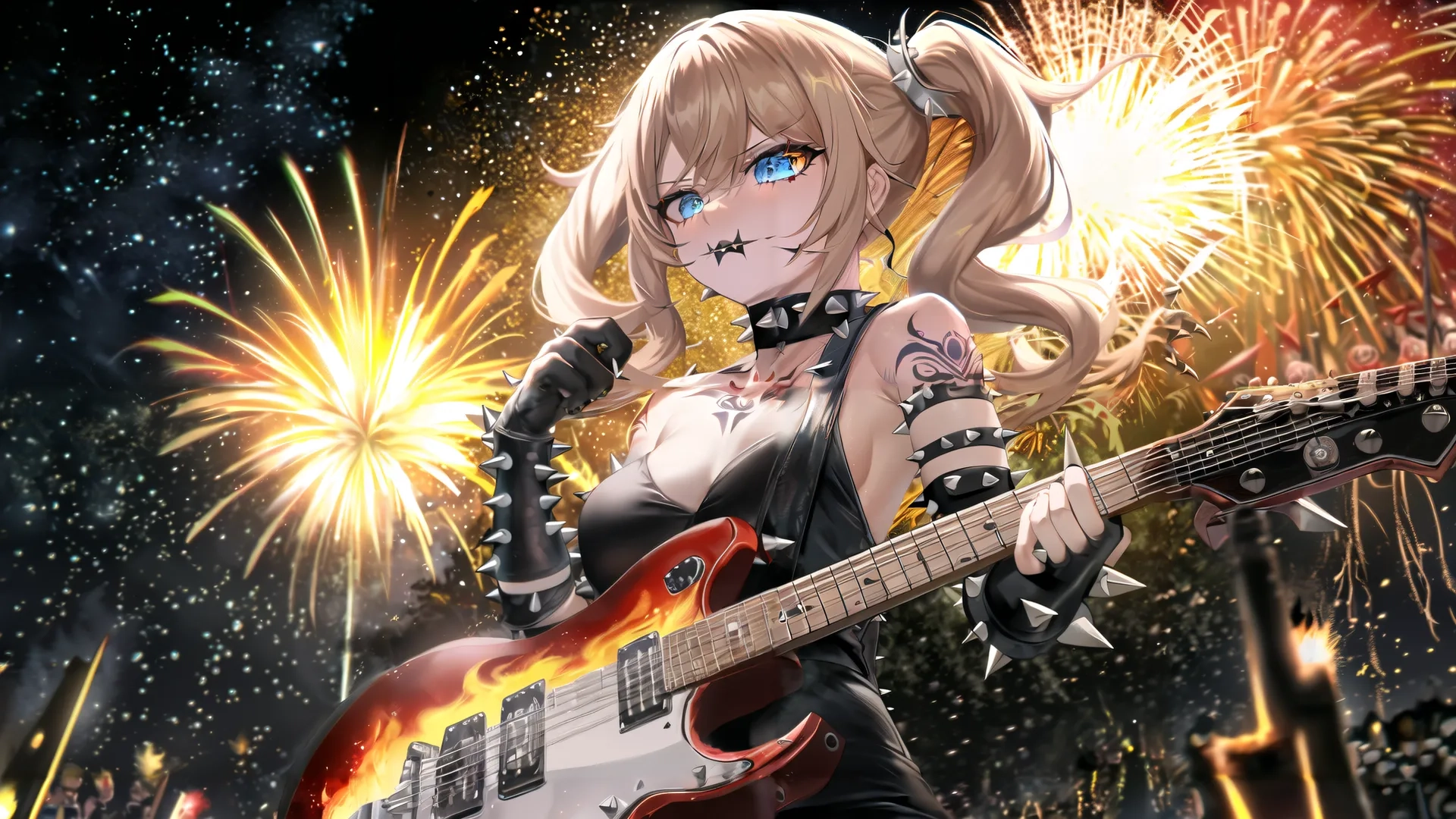 a anime guitarist plays the guitar while fireworks and water are lit in the background behind her near the city lights on the stage, all in the night
