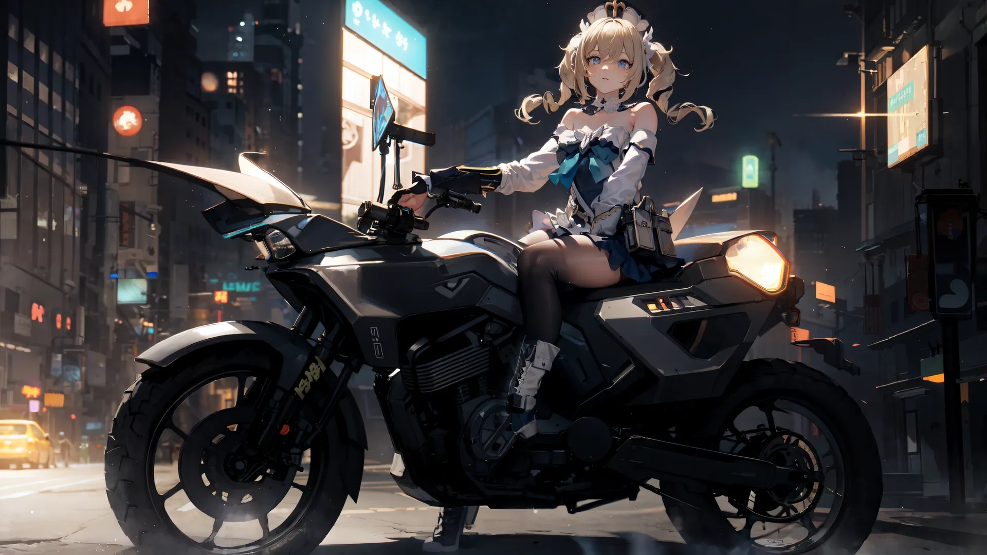 a woman is riding on top of a motorcycle in the street at night time with buildings in the background and the lights all glowing from the sky
