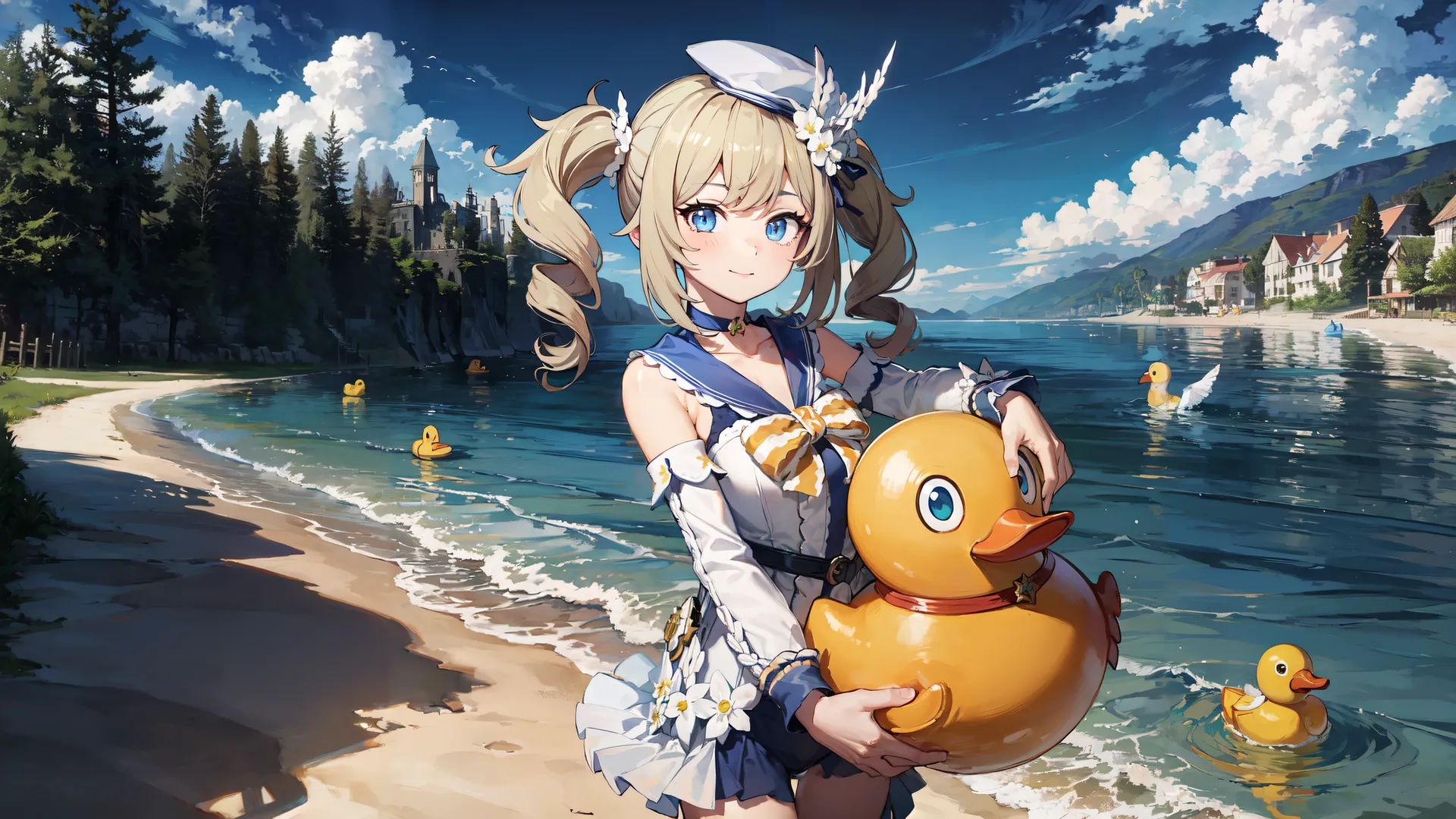 a cartoon image shows there is a cute little girl with a duck toy in front of the water and the beach side village and the sea
