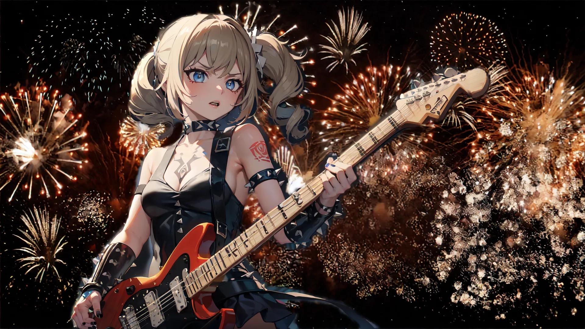 the young girl is playing a guitar in front of fireworks and water dropletss background for her music project project or game design with animated 3d render
