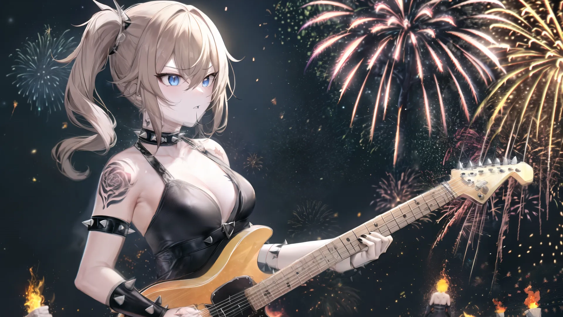 an anime is playing around with fireworks in the background and a guitar dressed as a rock artist playing a sound board for the tv series
