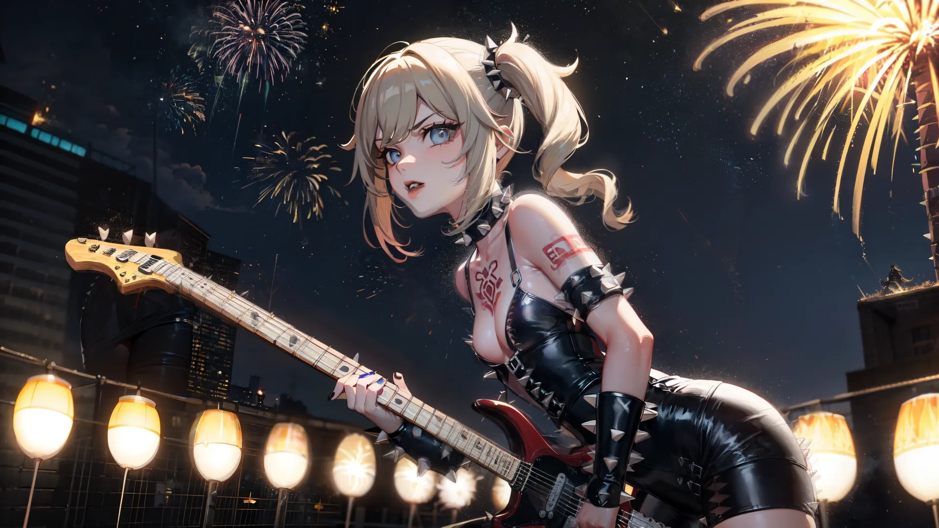 a picture of an anime girl holding a guitar outdoors on a city block at night with fireworks in the sky overhead it's dark
