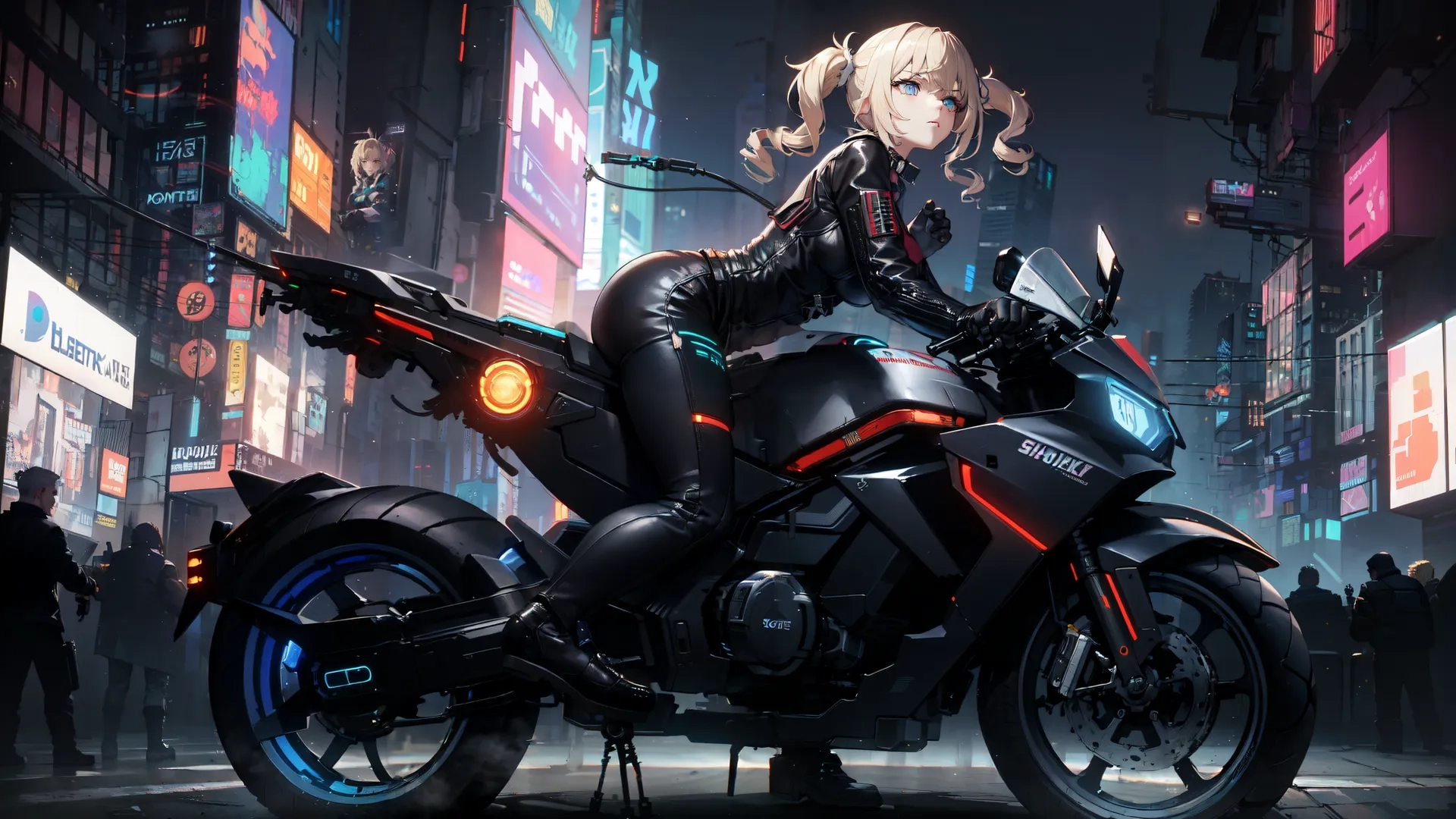 a woman on a motorcycle at night in the city lights behind her are buildings and people with arms up in the air under the spotlight
