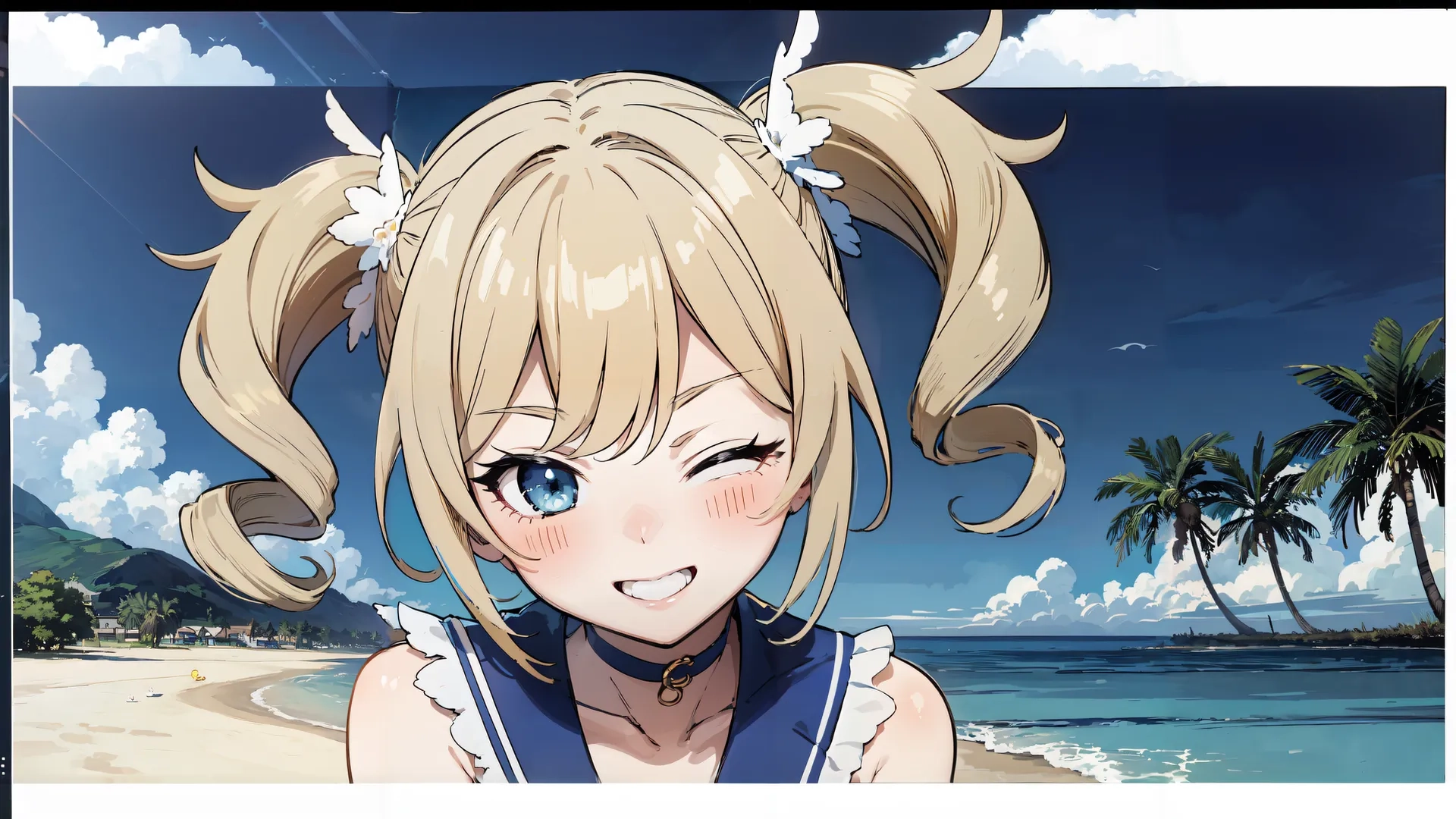the girl has blonde hair at the beach she is in midair, with blue eyes, and bunnies and blue is a blue hair that is pig tail
