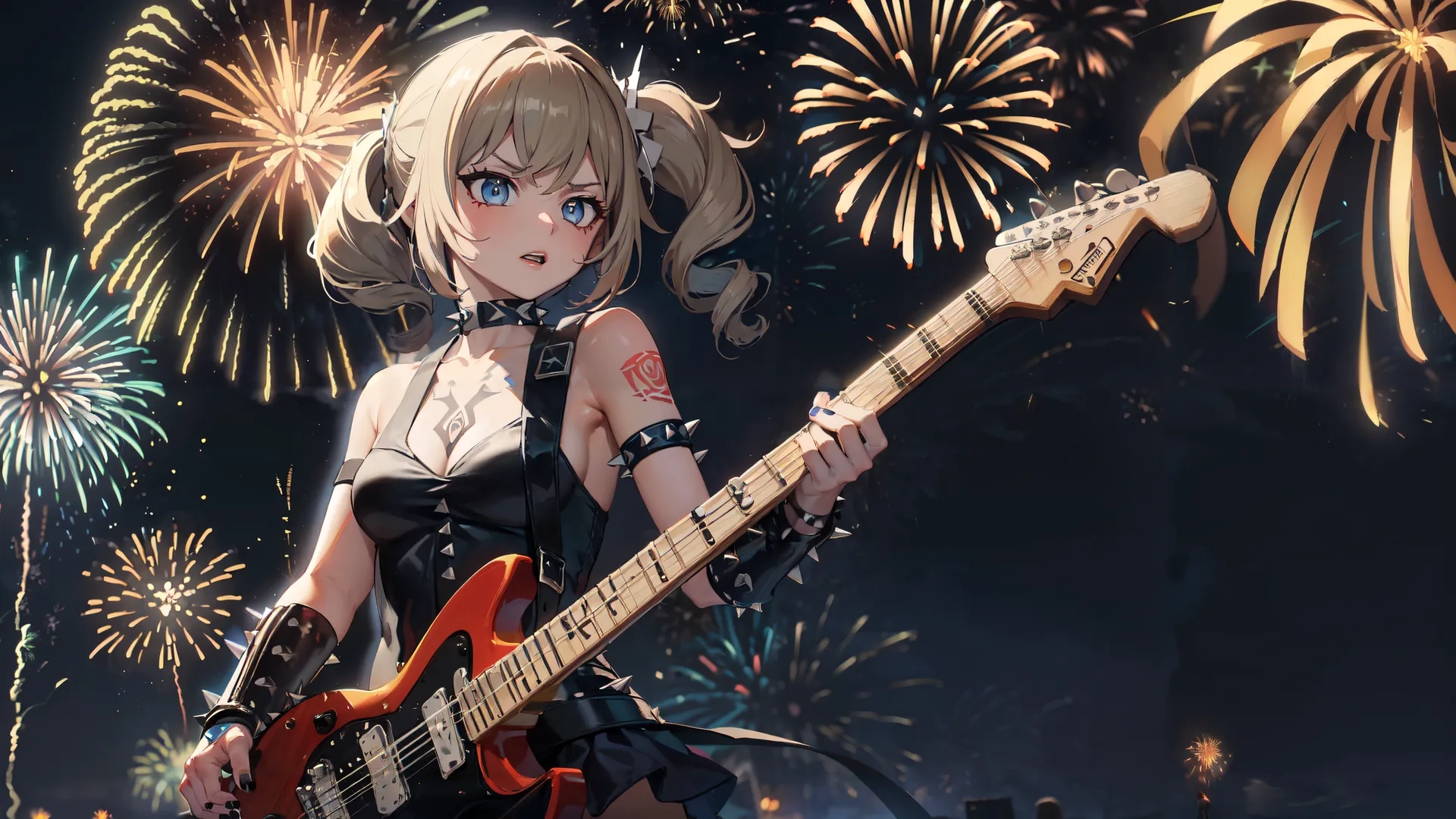 an anime with blonde hair and blue eyes is playing guitar near firework on nighttime sky background area with people and fireworks display in foreground
