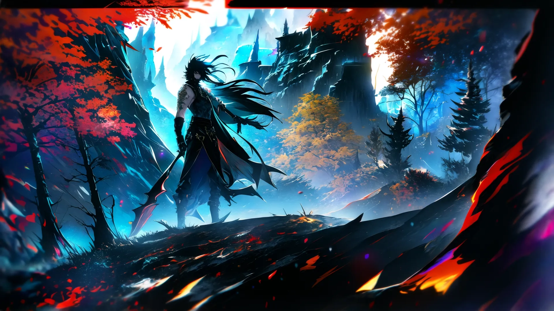 anime guy dressed in a black long cloak and holding a sword in trees around him as he runs through the woods at night time surrounded with red fire around him
