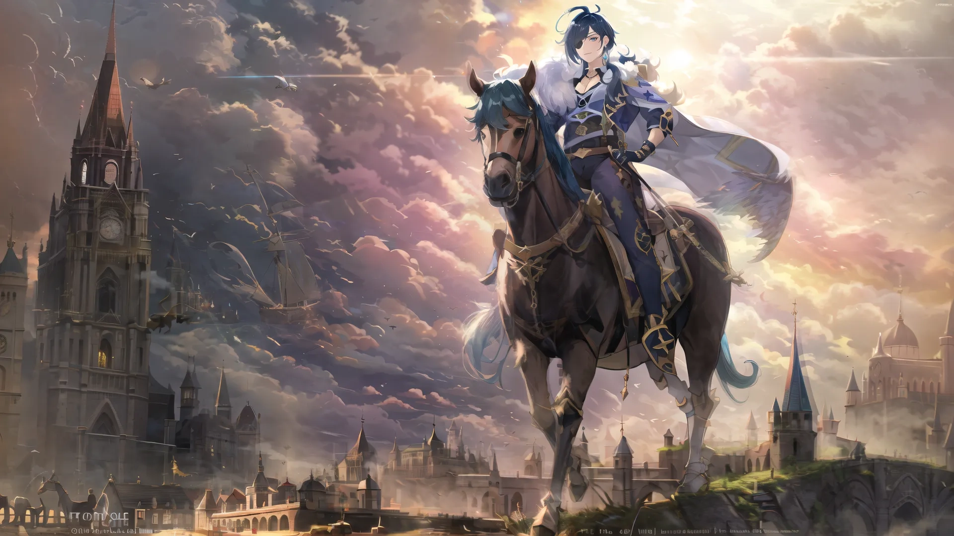 a woman riding on top of a horse to ride through a city in sunset clouds above her is a castle and a tower with the cathedral towers
