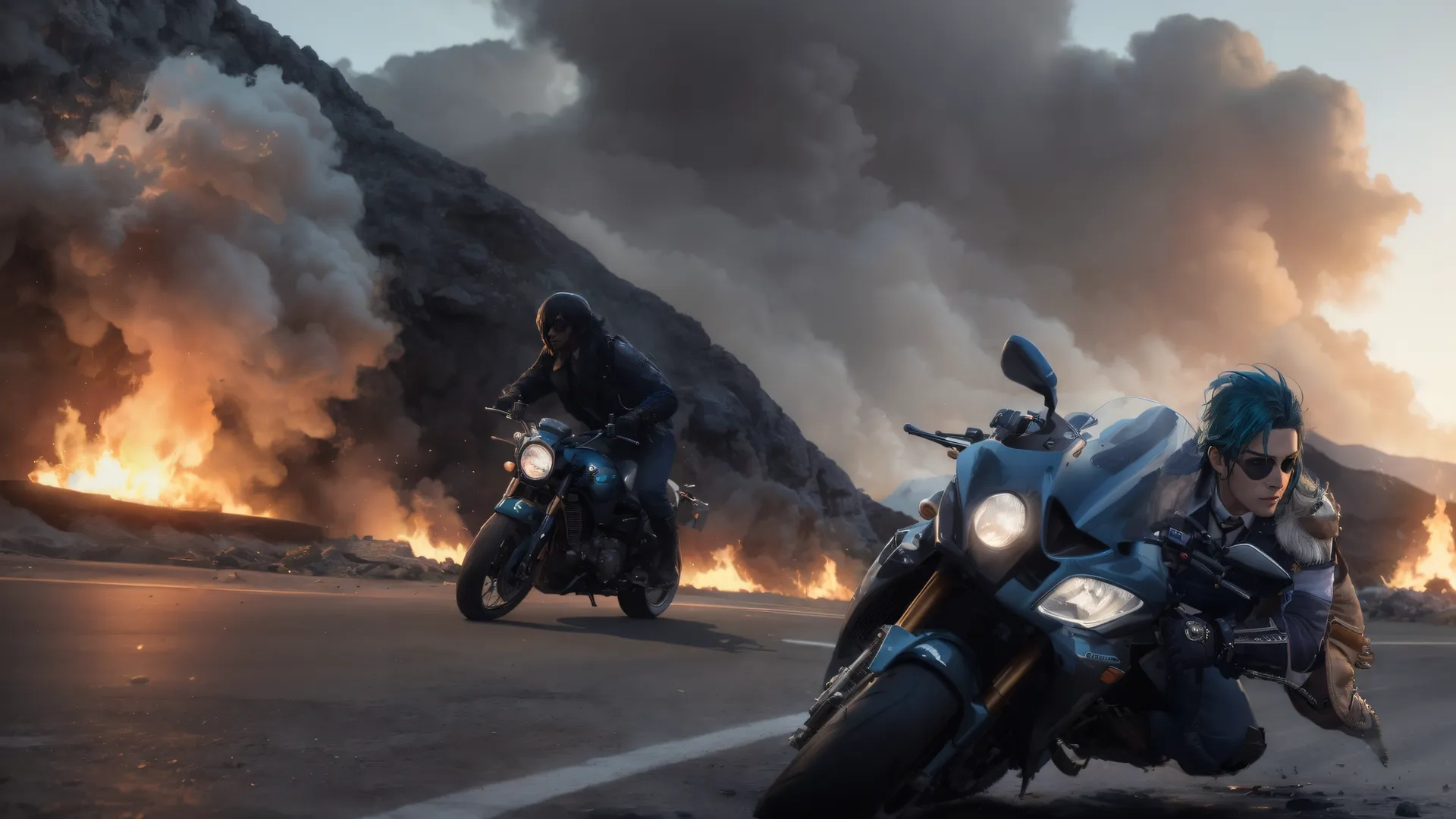 two bikers riding past flames coming down the slope of a hill at the beginning of driving off of another person riding his motorcycle in the road
