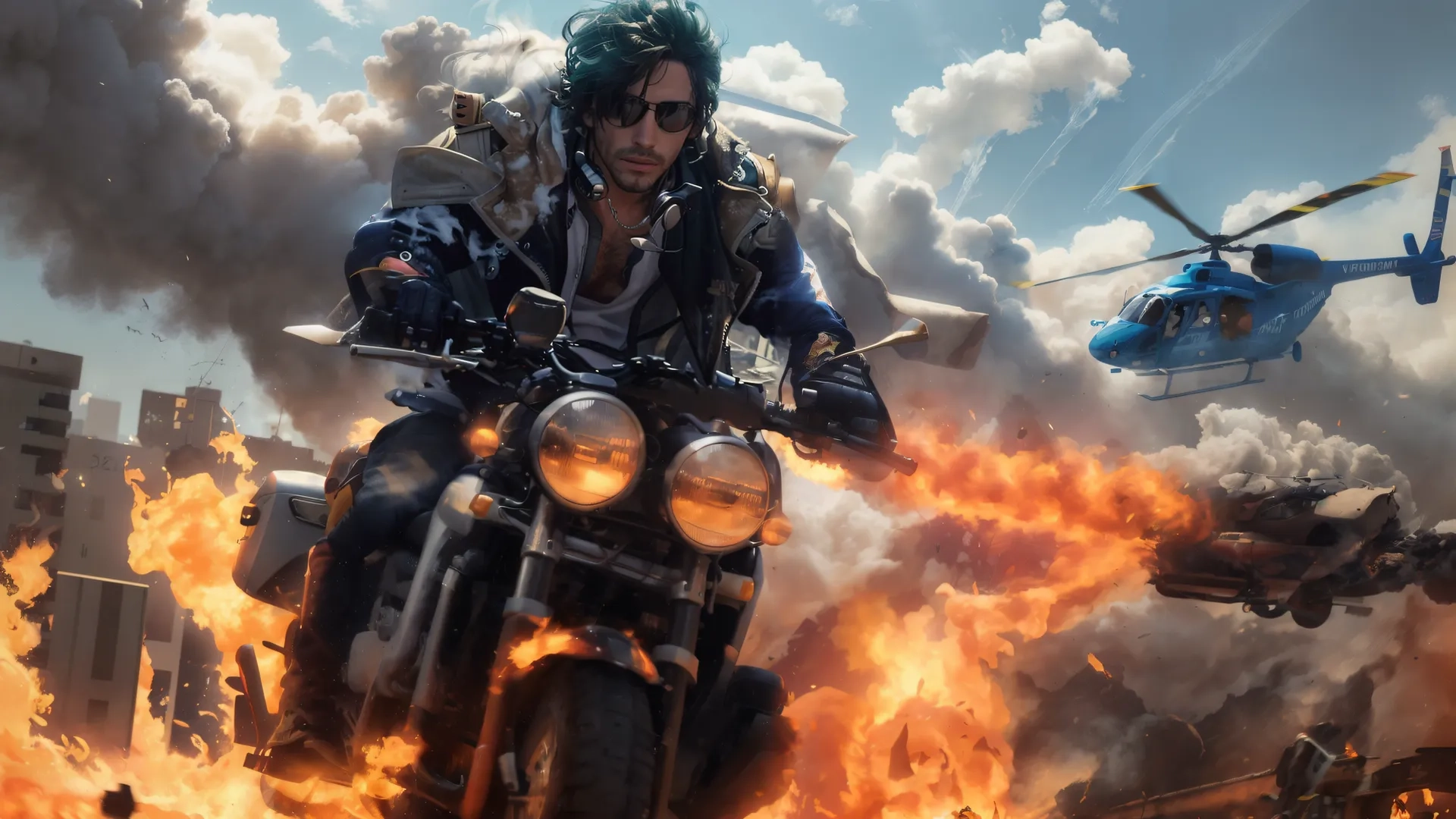 a man riding a motorcycle with huge flames and a helicopter in the background that is on fire pouring out of it onto a hillside with buildings
