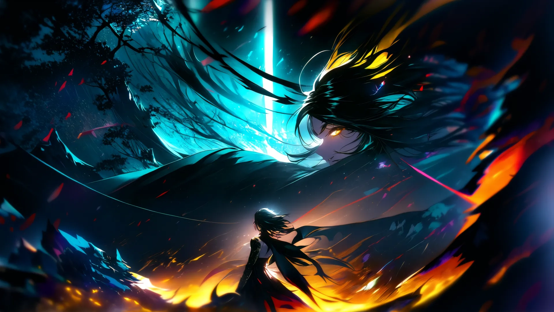 the anime character is staring at a light saber in the space, with bright flames swirling around her as an arc comes from behind him and falls down
