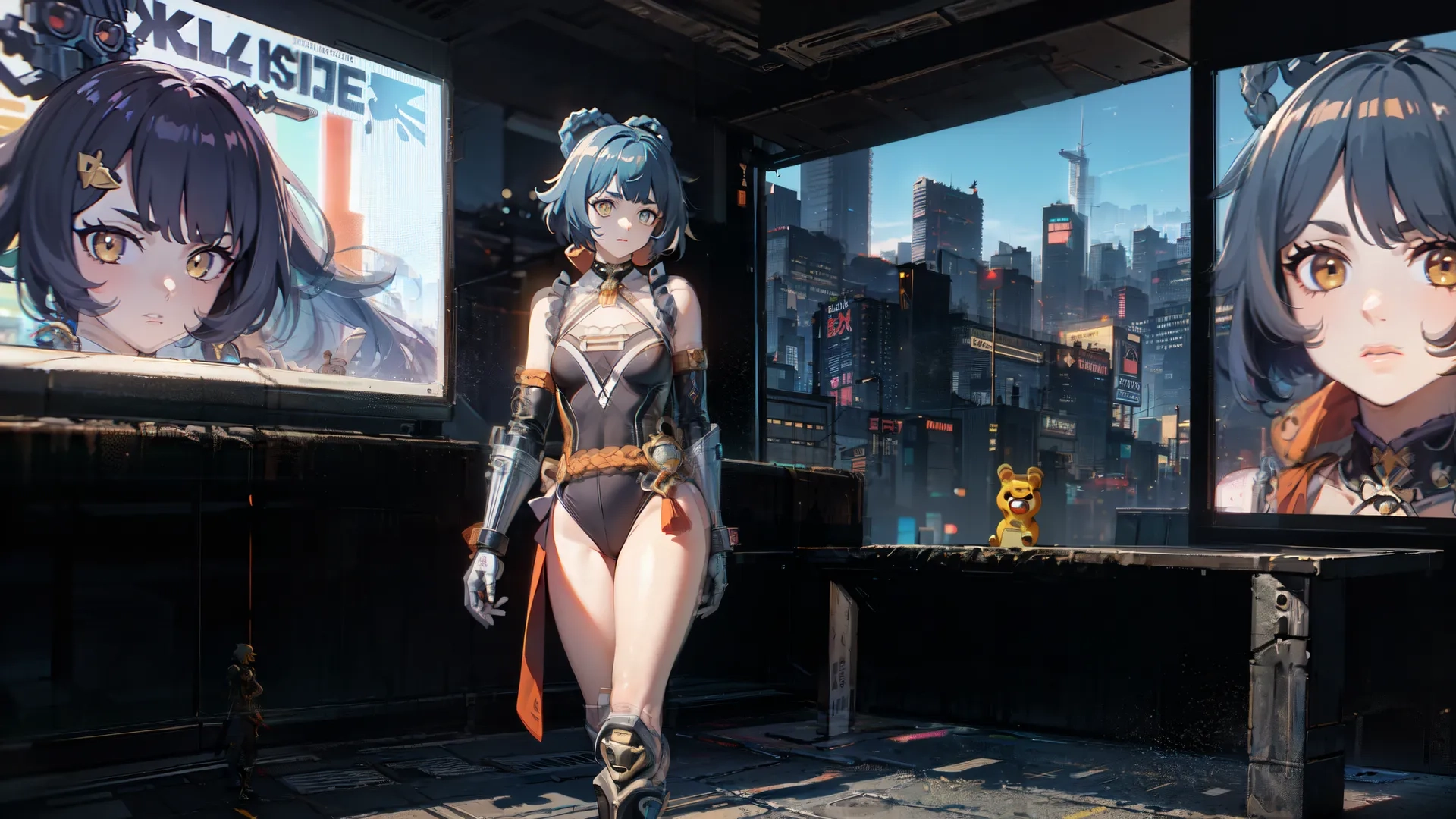 a woman stands in front of giant anime posters in an alley next to a tall building with lots of signs that say we can be doing

