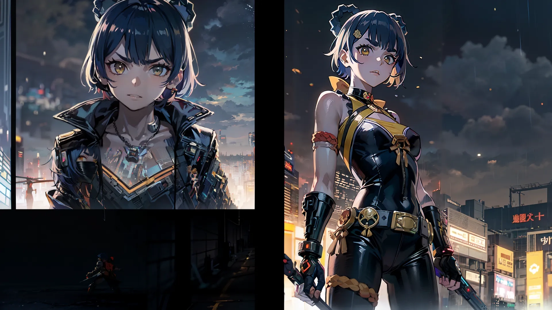 anime character with an open chest and long sleeve holding a sword over her shoulder while standing beside a dark urban street lit up by light, night clouds
