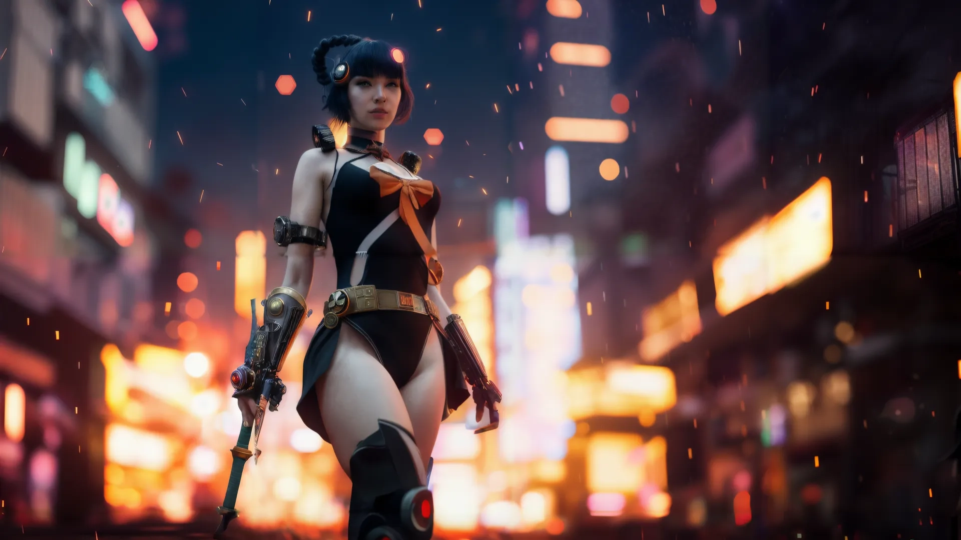 an image of a woman in a full body outfit playing a game at night, walking through the city street and some brightly lights are shining behind her
