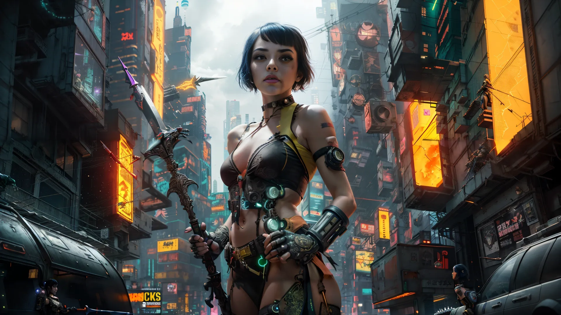 woman dressed up in futuristic sci - fi clothing in a street scene with tall buildings and neon lights and two guns, and some cars
