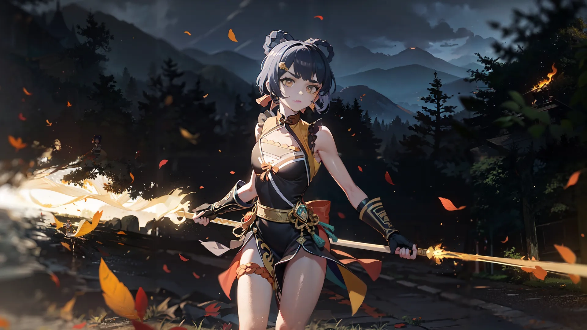 the women's armor is holding her sword, and posing for the camera outdoors with autumn leaves flying around her in front of her
