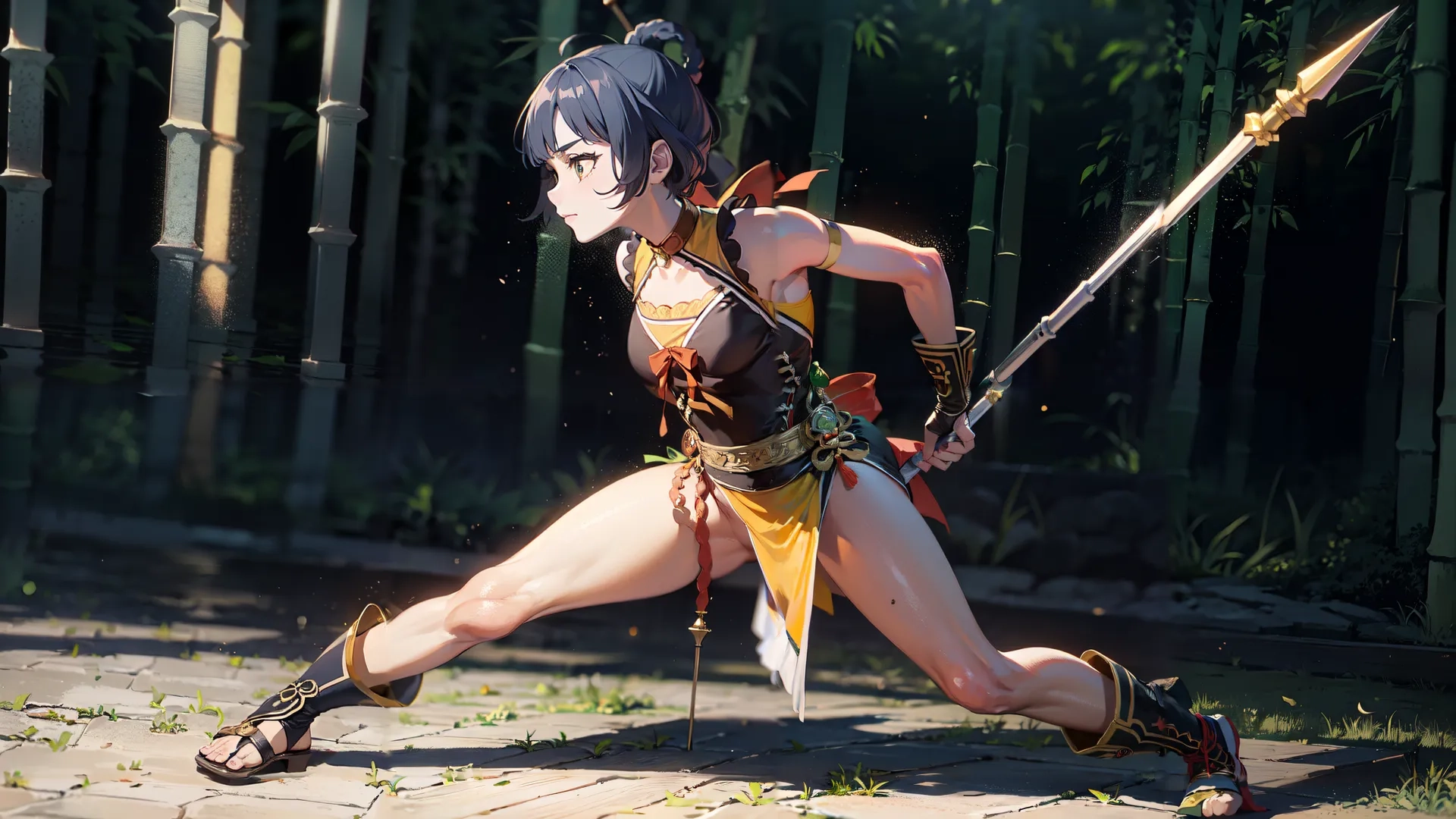 woman with sword posing on brick path by bamboo fence, with shoes on, and hands crossed, on sunny day surface with sunlight shining
