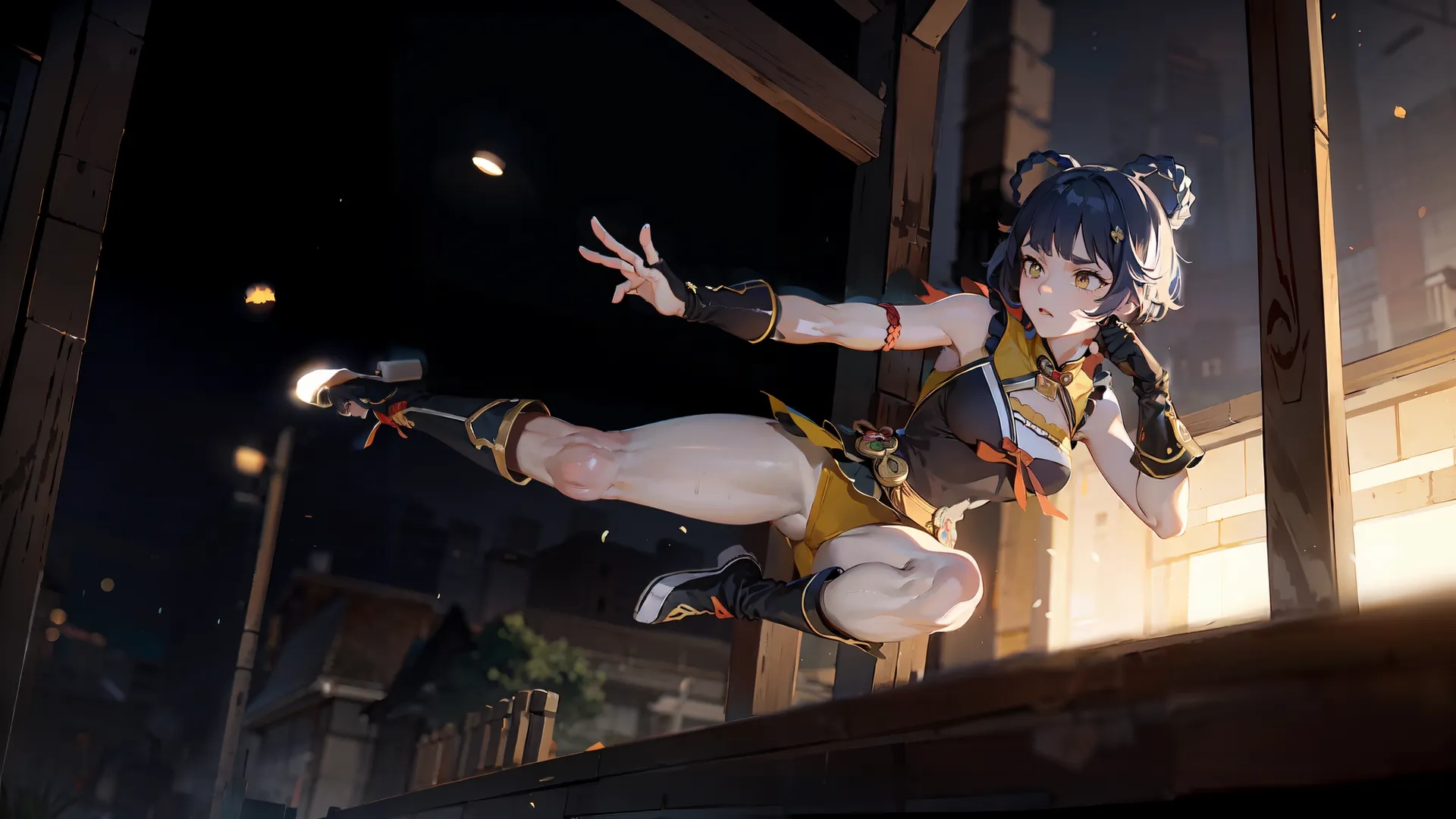 a woman flying through the air on top of a bench holding a controller and a knife in her left hand and a bottle full of water as seen to the end
