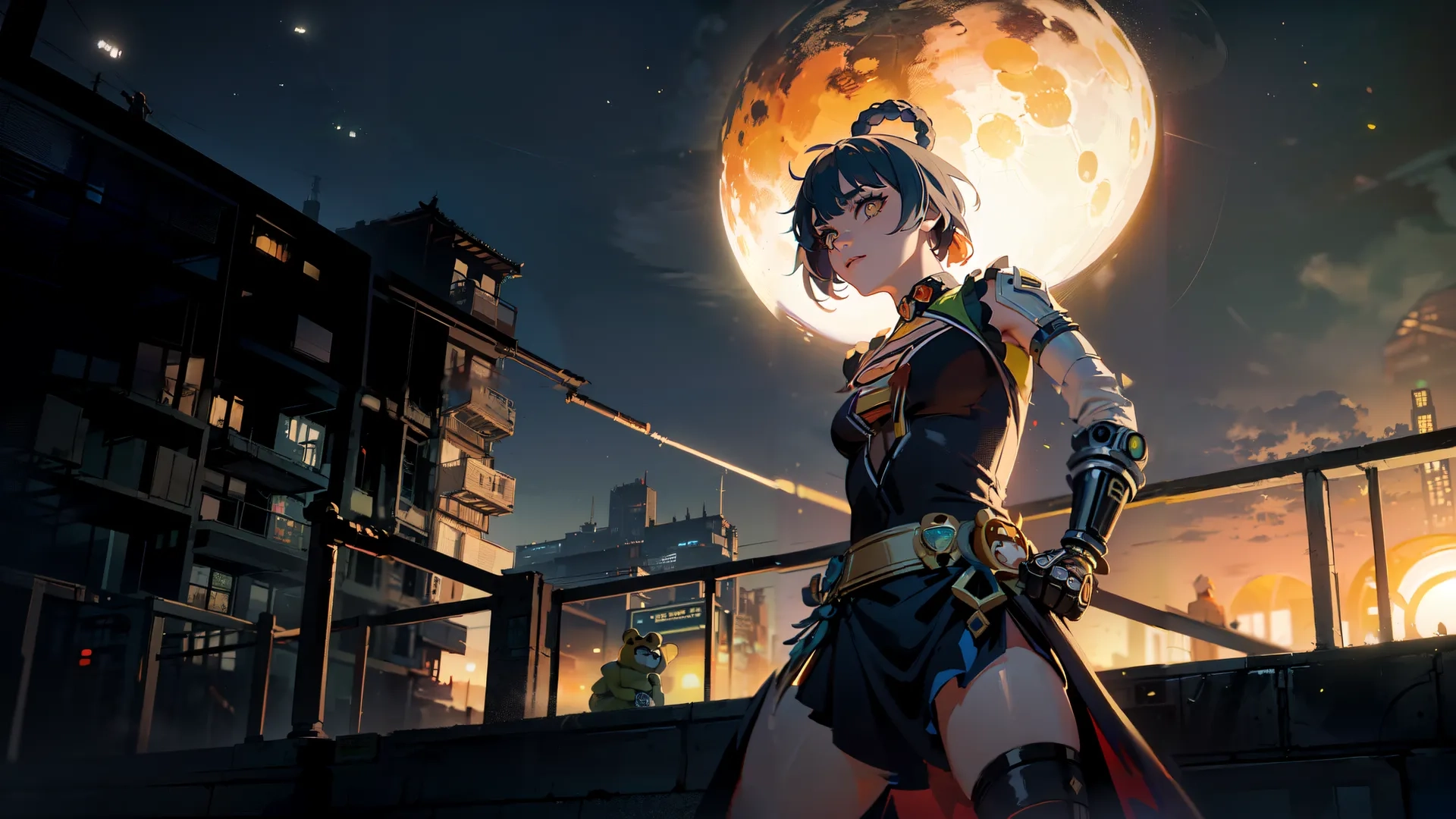 it is a woman in armor posing with a sword in her hands in front of a cityscape with the moon above her and a blue and dark night sky full of stars is shining behind
