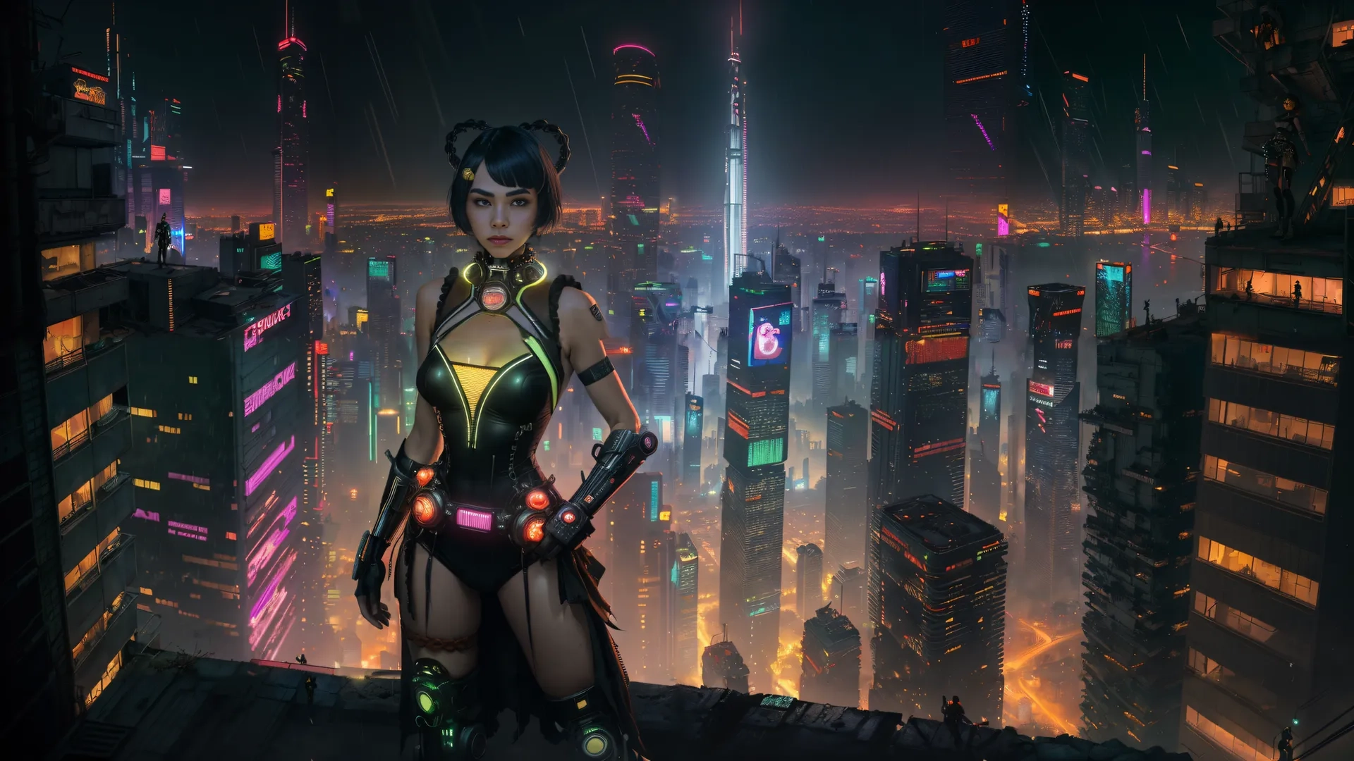 futuristic woman overlooking a city at nighttimes on her rooftop ledge with a glowing helmet on and glowing lights on her skin and chest
