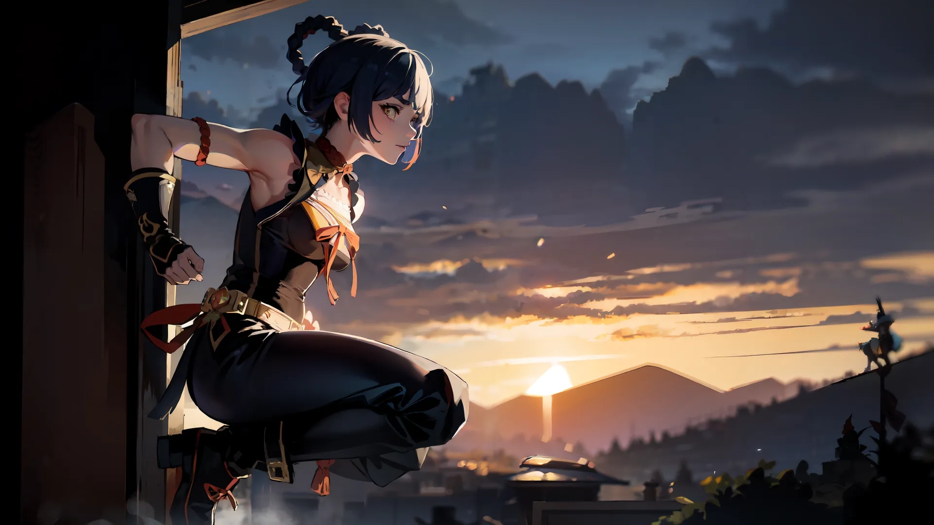 anime woman outside window staring at sunset during storm clouds are coming, with sun and city in the background from dark haired lady like her
