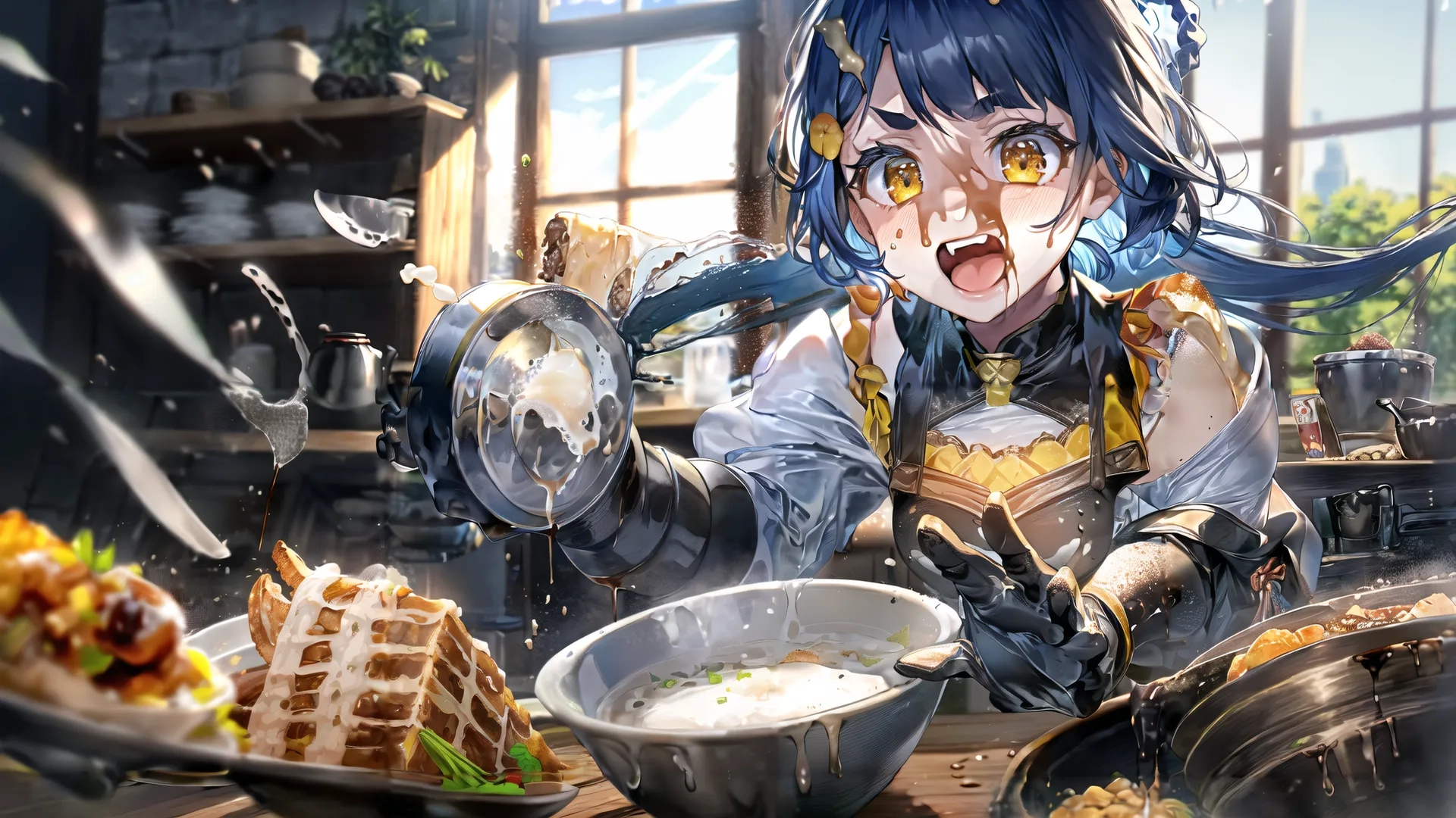 girl in a kitchen making food and yelling behind her table with several servings of fried waffles on the table around her are water
