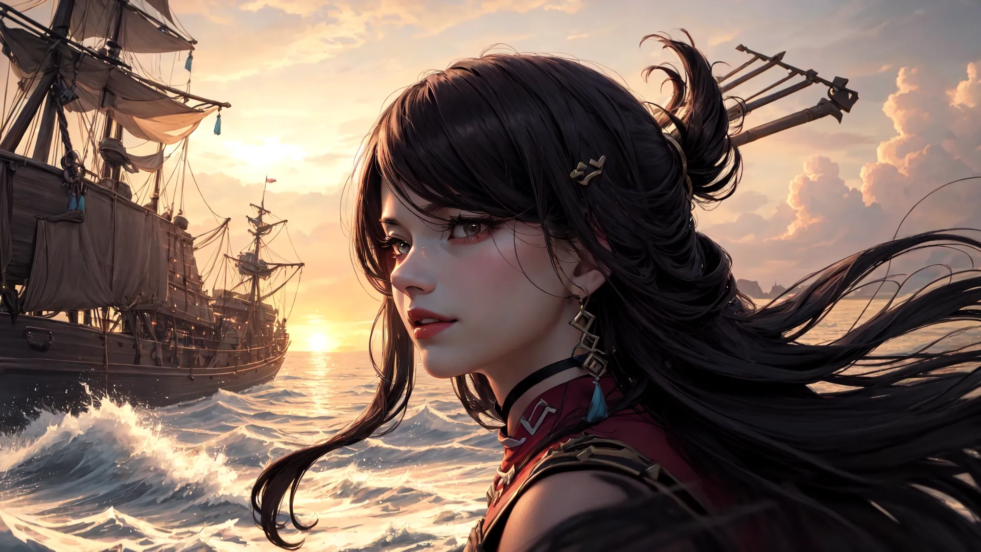 the young woman appears to be on top of an ocean near an old ship with sails docked to land beneath its sails, surrounded by waves
