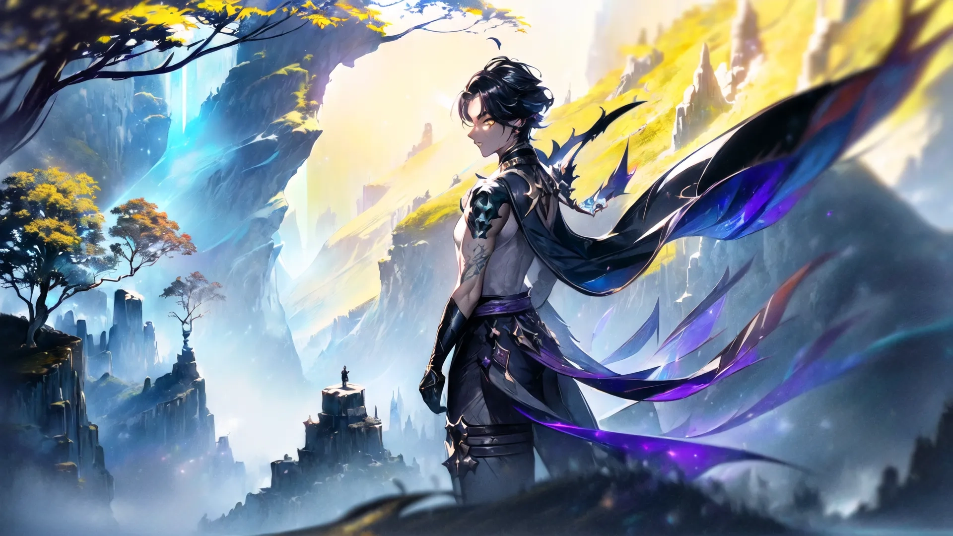 anime art showing a guy standing in the mountains above a cliff top filled with forest and plants and trees with different colors and patterns on it looks of the scenery
