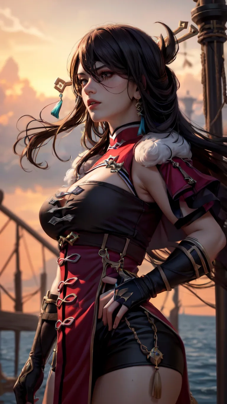 a woman on a ship with a huge breasts and leather dresses in the middle of her body in the image of the evening with boats behind
