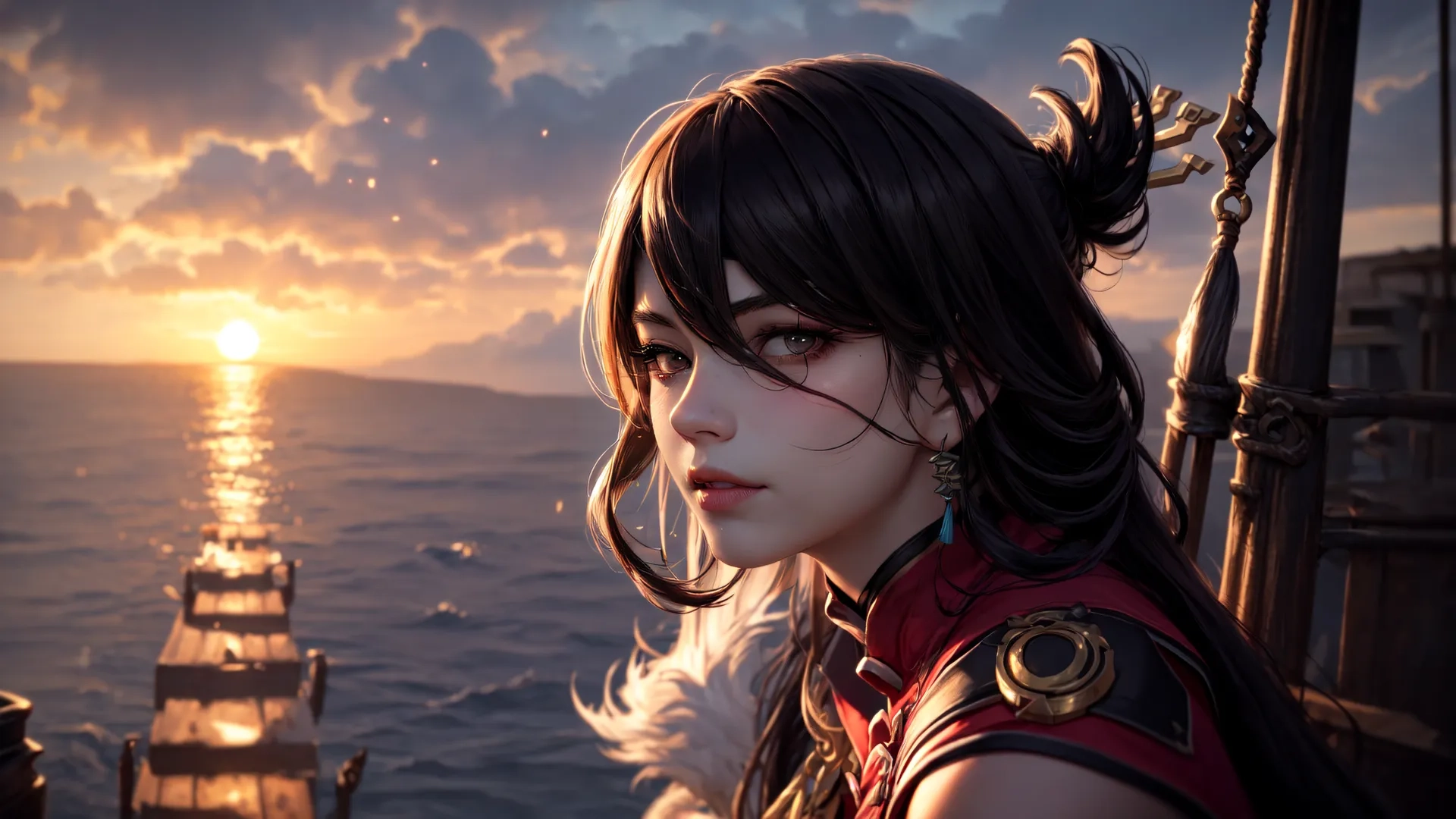 a anime girl is standing on a ship looking off into the distance and her eyes are closed as the sun sets behind her at the horizon

