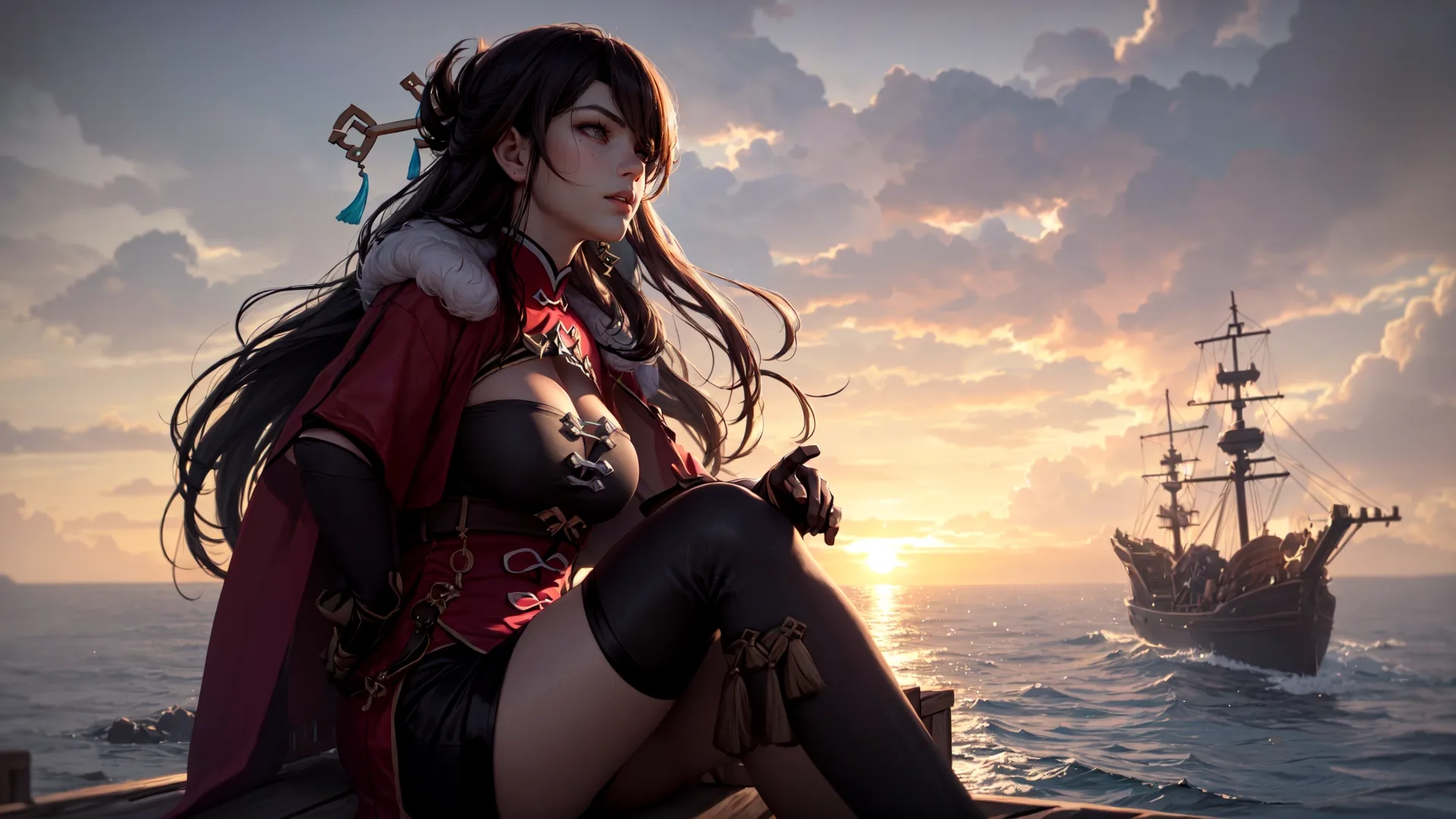 a beautiful, sexy girl in a full body costume sits on a boat as the sun sets over a ship in the distance behind her
