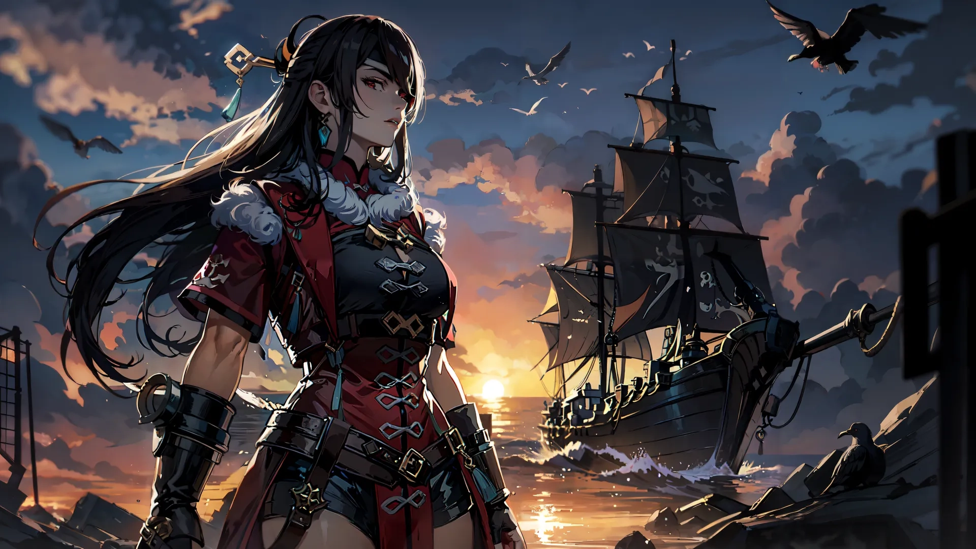 female sailor on the ocean at night with an interesting sky background and boat near by in the distance in this illustration style painting digital painting
