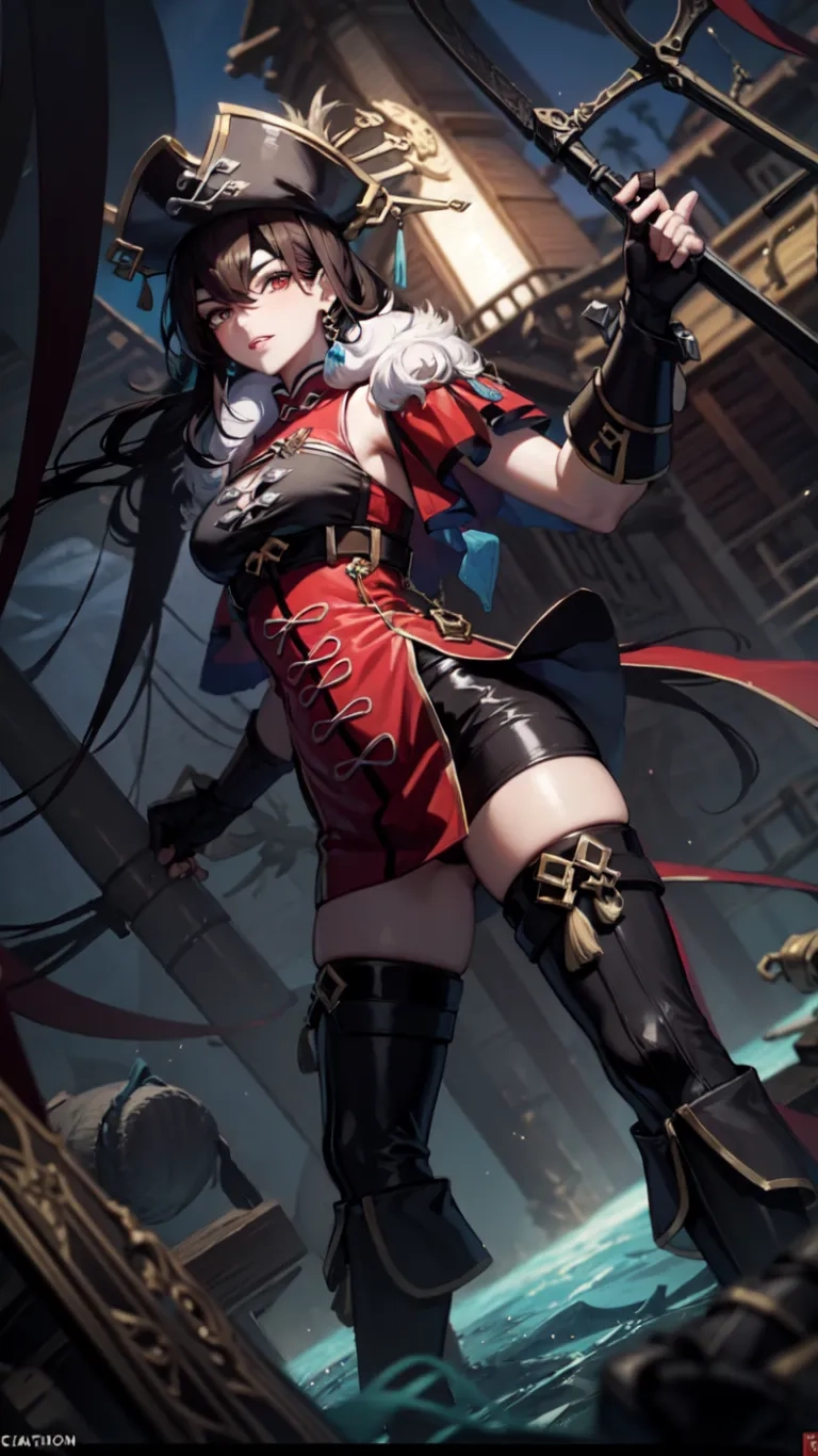 this is an image of woman in costume holding two swords over her shoulders and walking beside a ship on the water with a red, black, long tail
