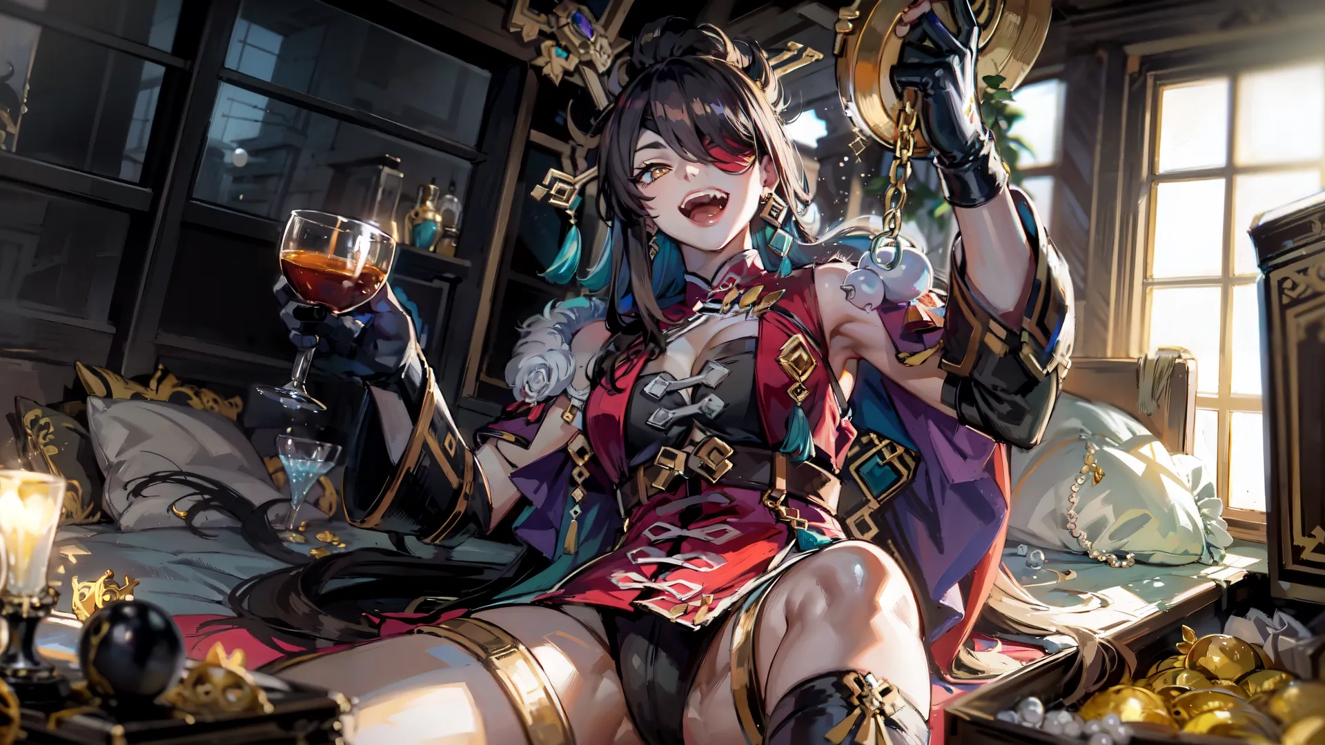 a digital painting shows a young lady in a fancy dress with lots of wine bottles on a bed at her feet, wearing a full - length
