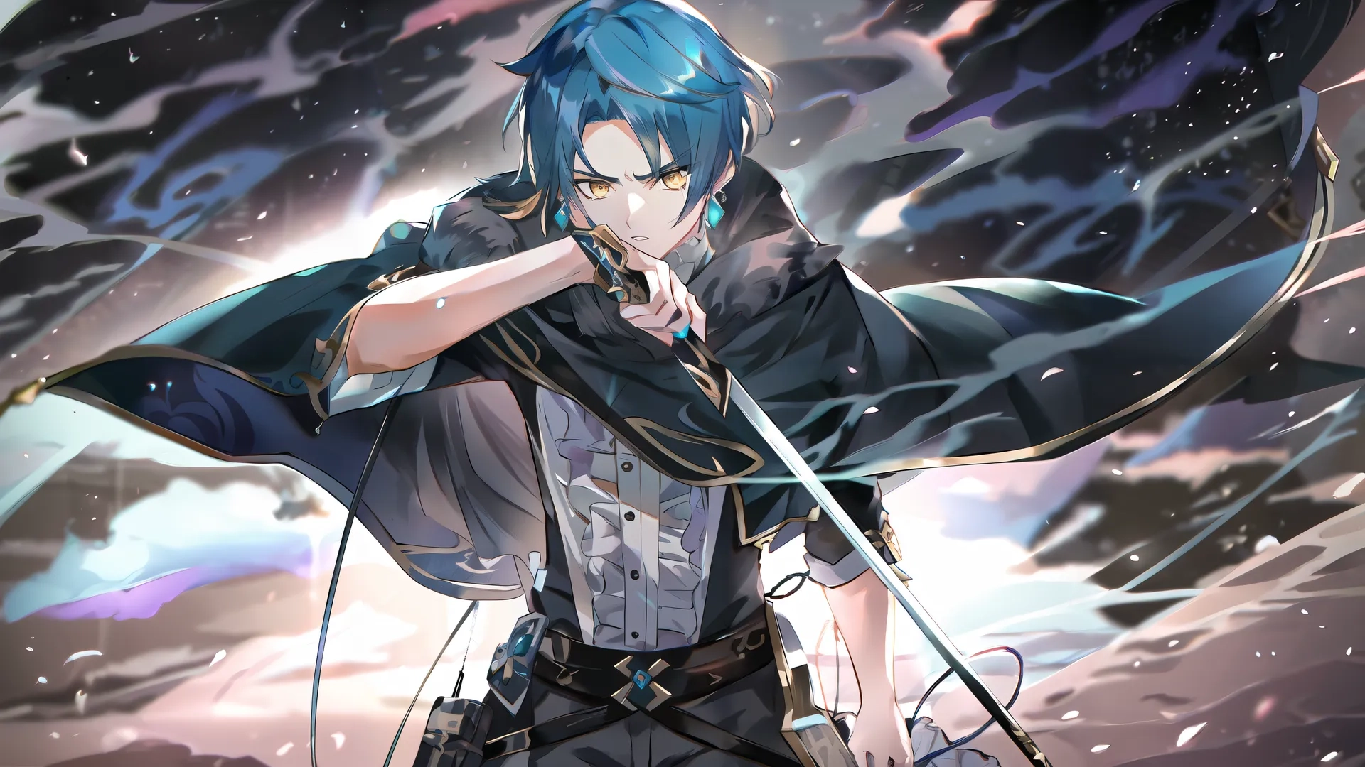a guy with a very blue hair and some sort of gadget holding a sword and posing at the camera in front of a stormclose and dark clouds
