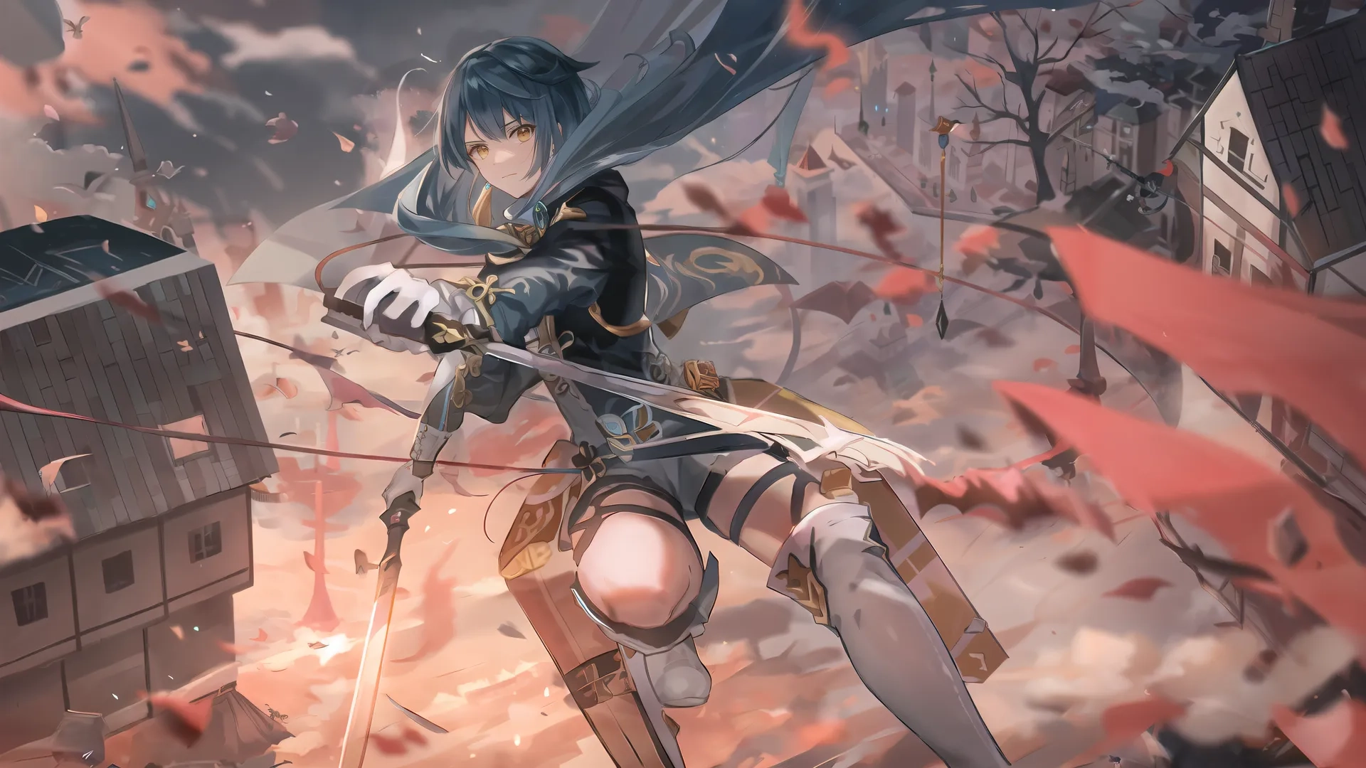a picture of a person in action with a crossbow and sword near a cityscape area of smoke and trees with red leaves flying around
