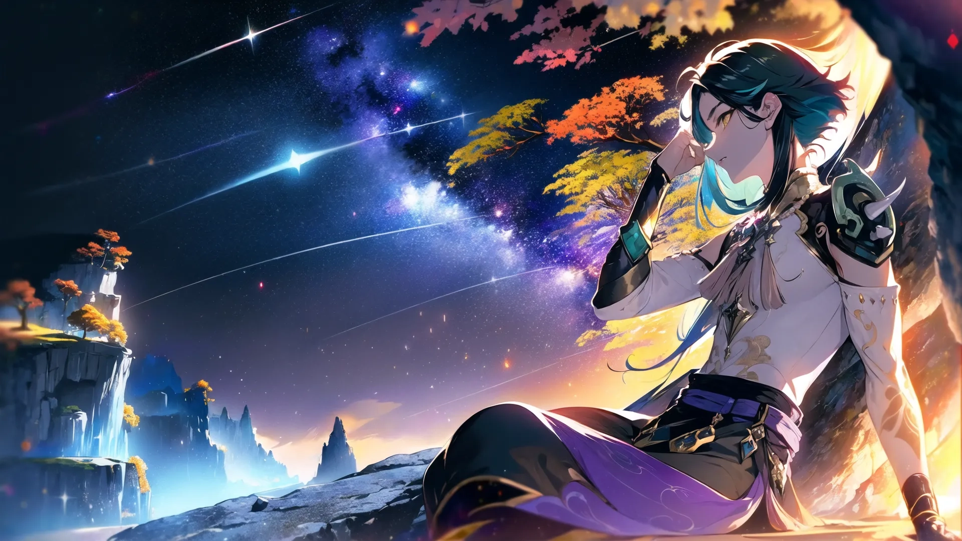 a girl with long hair, some lights and a cell phone with a sky and some planets in the background and a purple skirted legging
