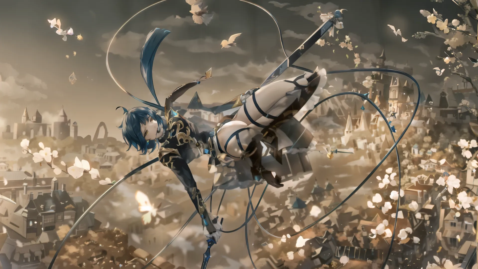 blue - eyed anime girl and a giant knife amongst flying birds, a cityscape in the background and a bunch of birdy clouds
