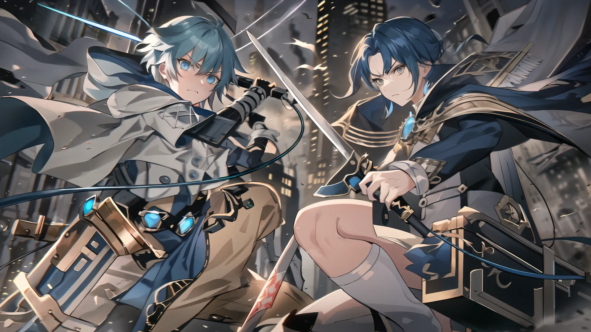 two animated characters one holding large swords and the other wearing a sword around their neck in front of the camera and on the other side of them
