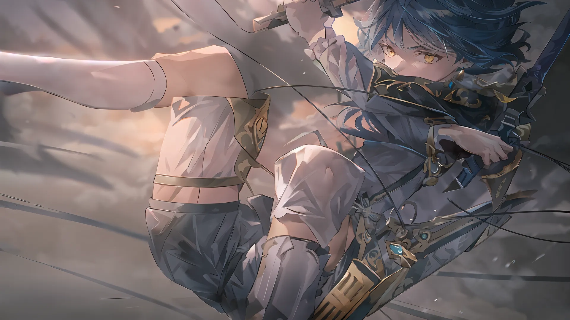 a young adult girl swinging on the end of her sword wielding sword while in a scene from fire emblem, with an ominous looking sky in the background

