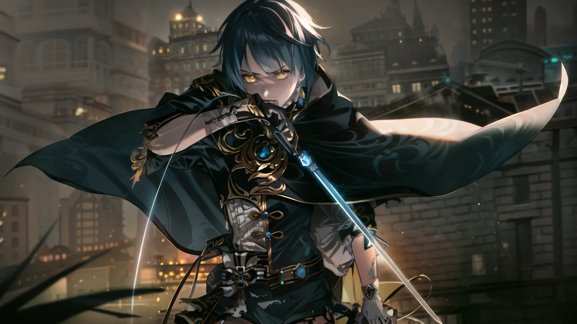 a young man with dark hair holding an angel sword in a courtyard with buildings behind him in the background, lit by dusk sun light
