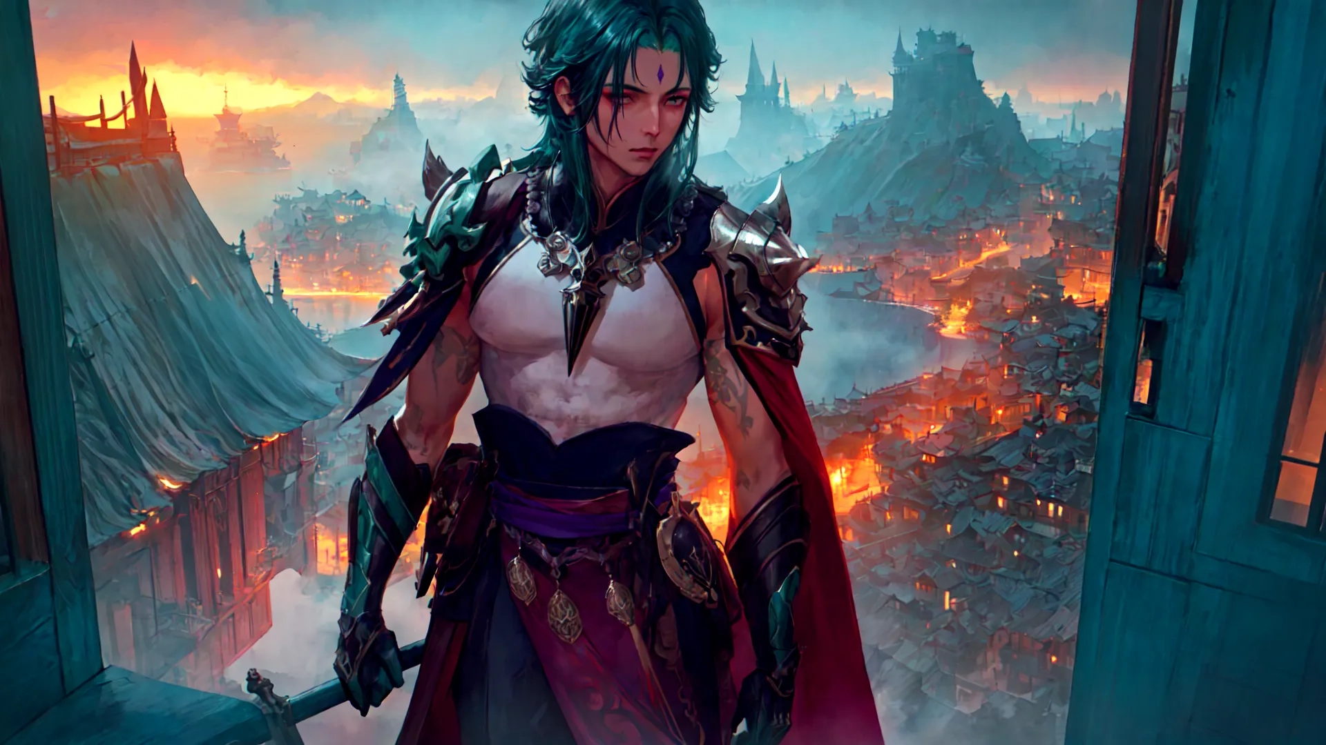 a man with green hair in a scene from a video game, the legend wears a colorful outfit with armor, and holds a sword for a flame on a city and is a city
