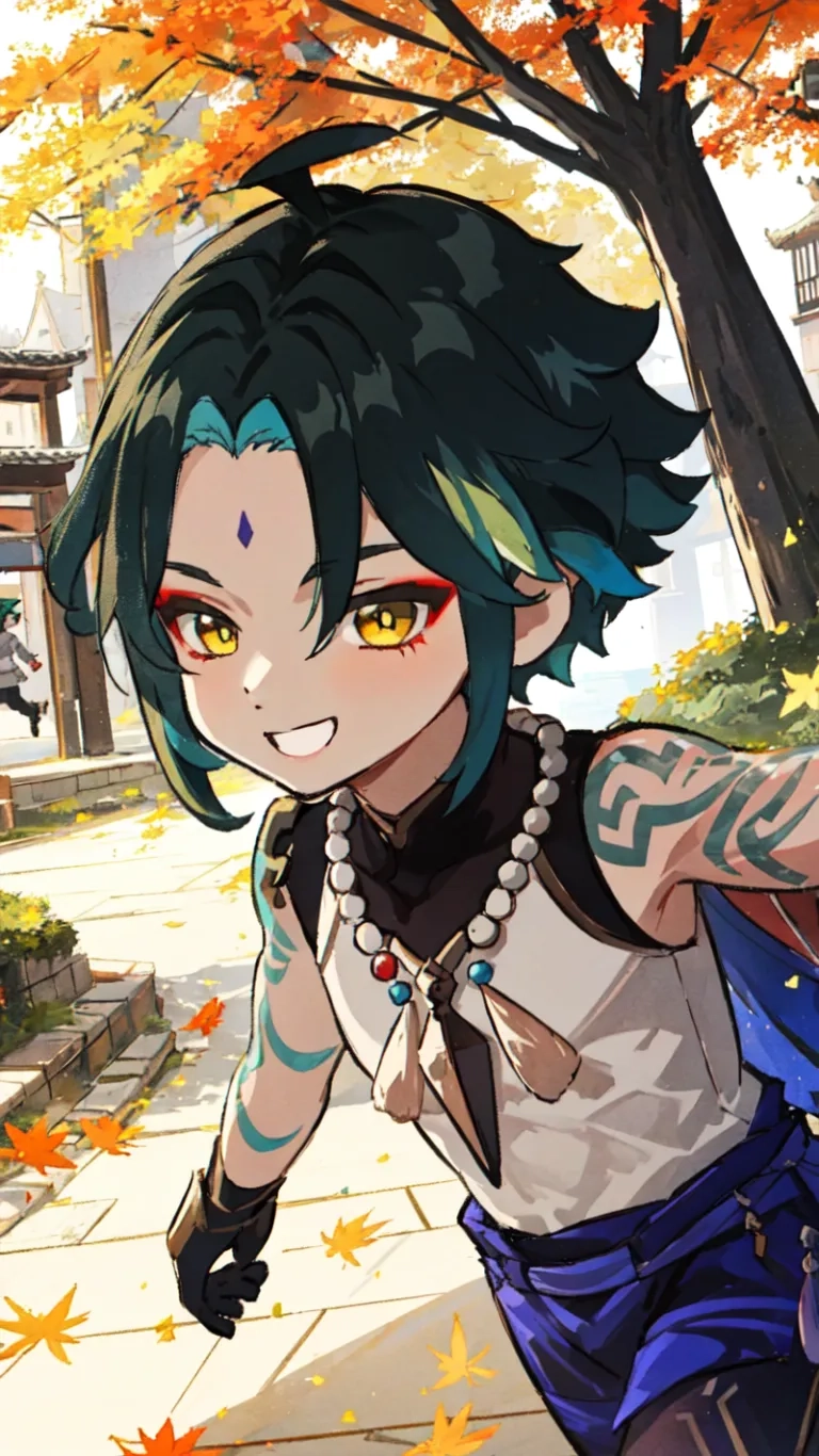 a anime avatar with a blue hair and makeup has eyes painted on his face, an armband around his neck is holding a brown umbrella with a blue and some leaves on his shoulder
