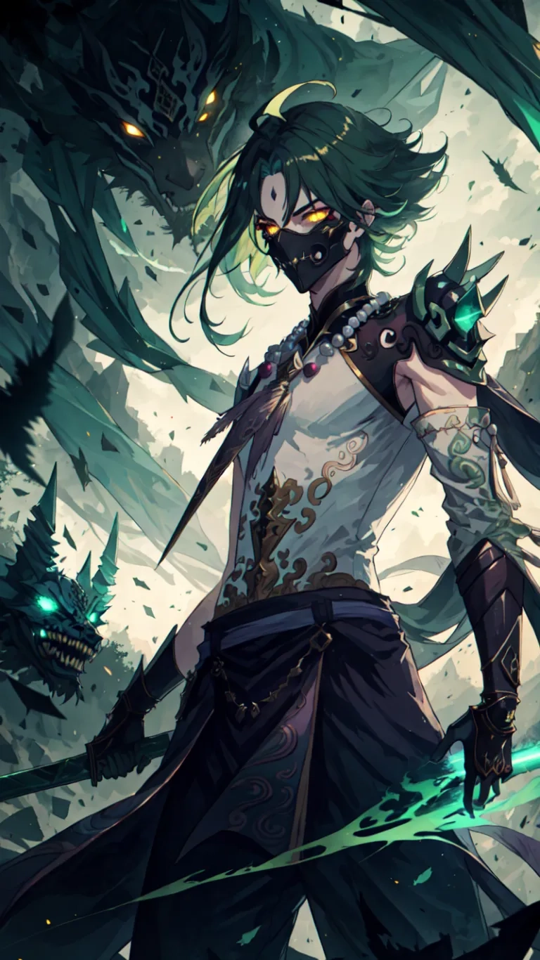 a person with green hair and wearing an evil costume, holding swords in front of an evil demonic creature with glowing eyes and monster's head

