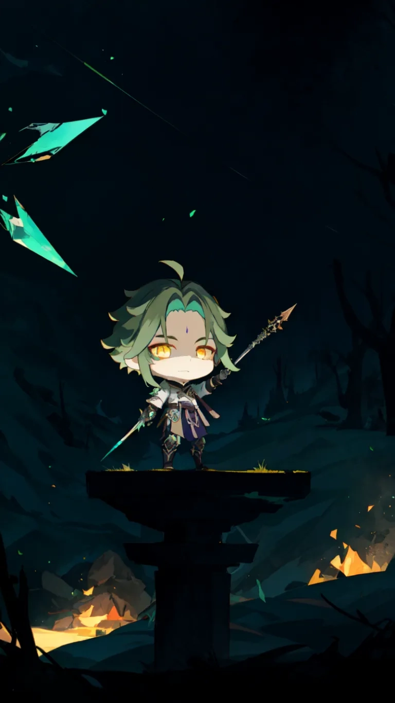 a young woman with a sword standing on a pedestal in the dark with an exploding fire in her hand and flying small stars overhead in the background
