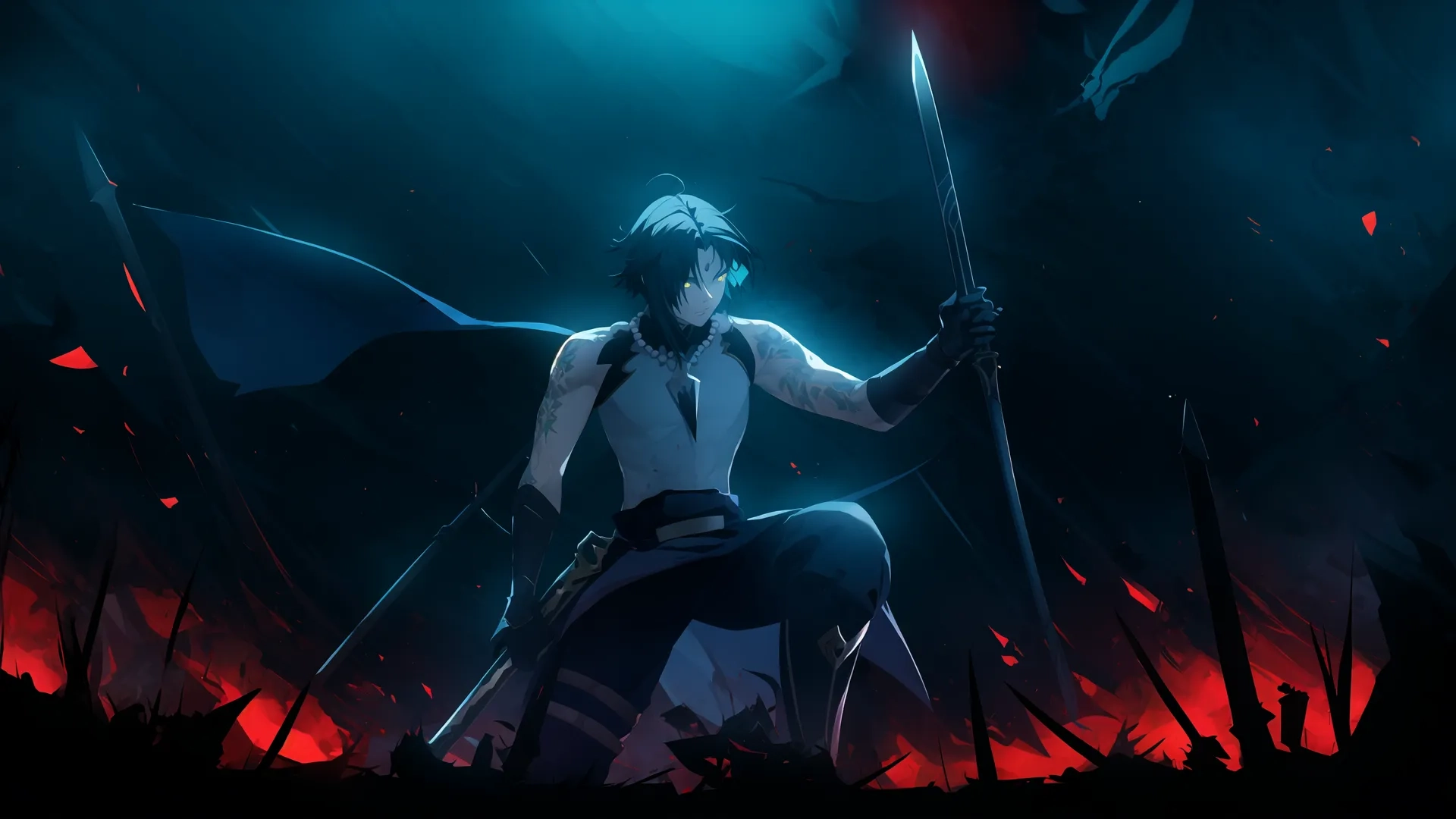 an anime guy holding a sword standing in front of some flames and red smoke on a blue background with a light shining on the left arm
