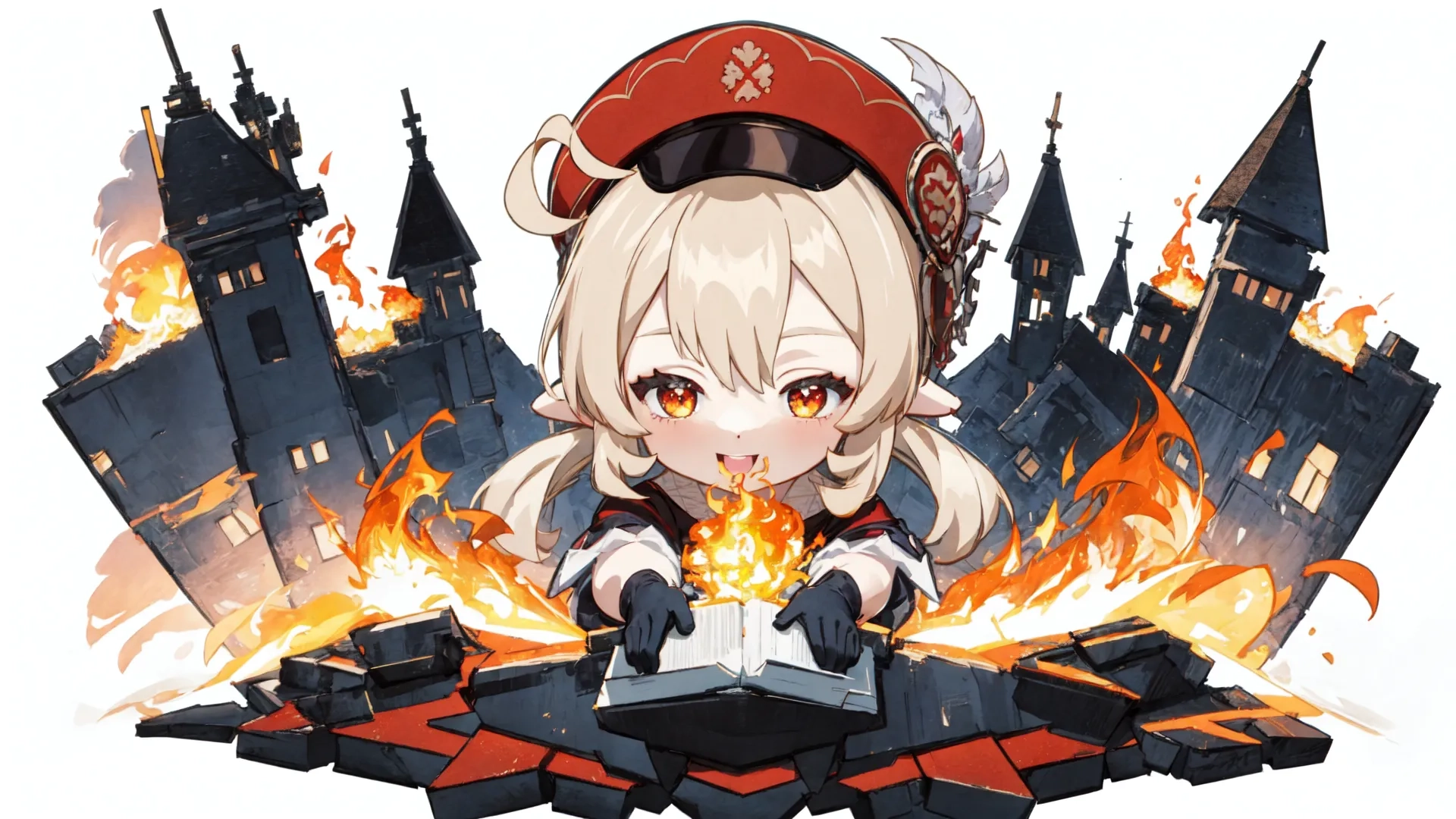 cartoon girl in red and black armor sitting in a building with fire pouring around her on her chest and legs, next to buildings and castle of huge tower building
