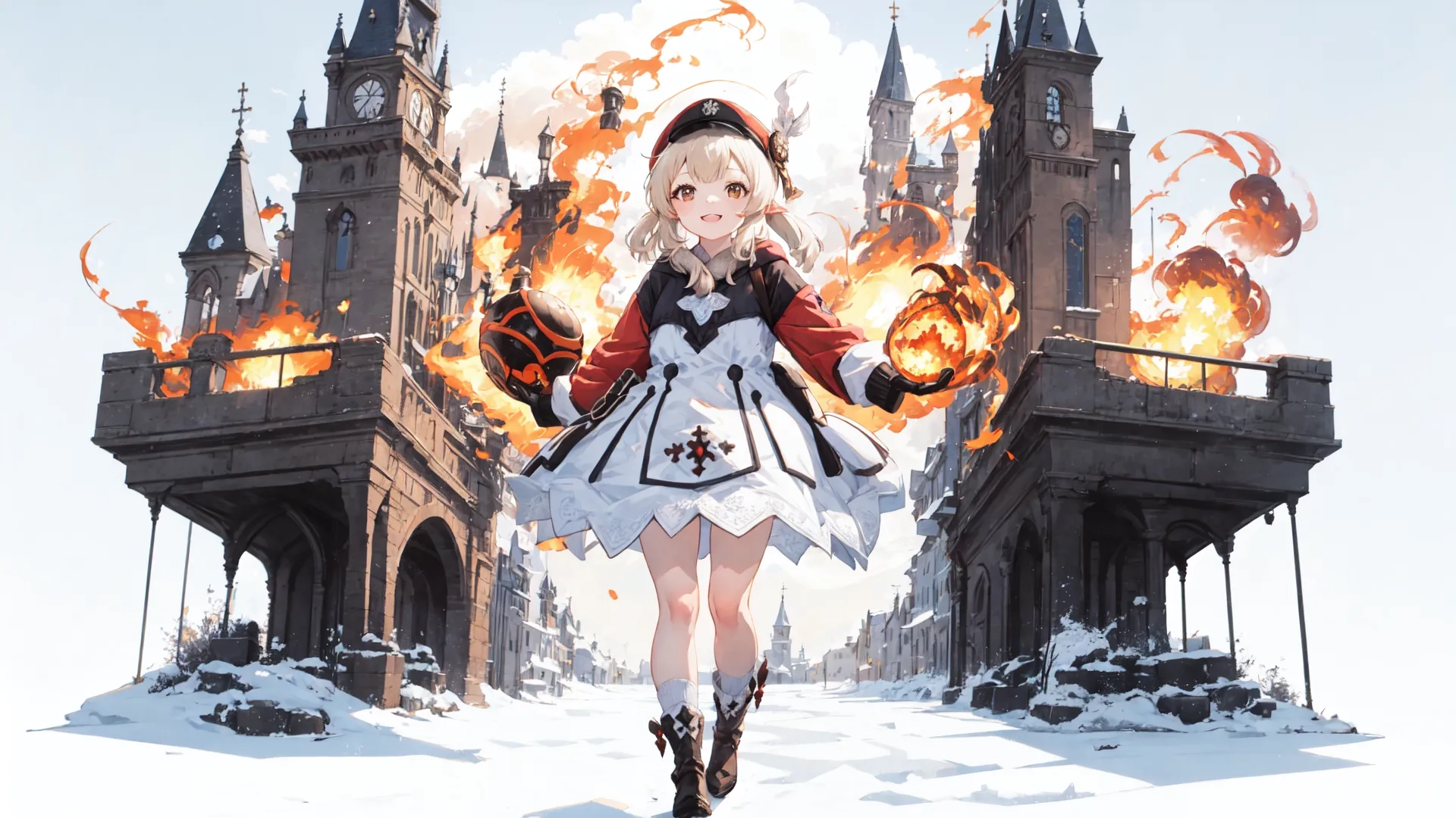 a woman that is in the snow with her arms in her pockets and legs crossed and a castle at the back with fire coming out
