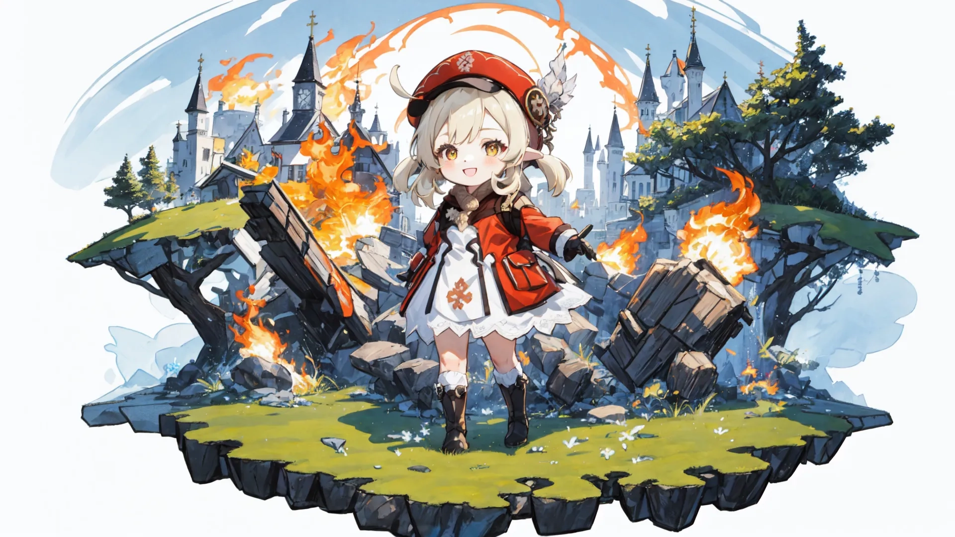an animated illustration of a girl surrounded by rocks and boulders with flames in the background of a castle surrounded by trees and ruins of ruins
