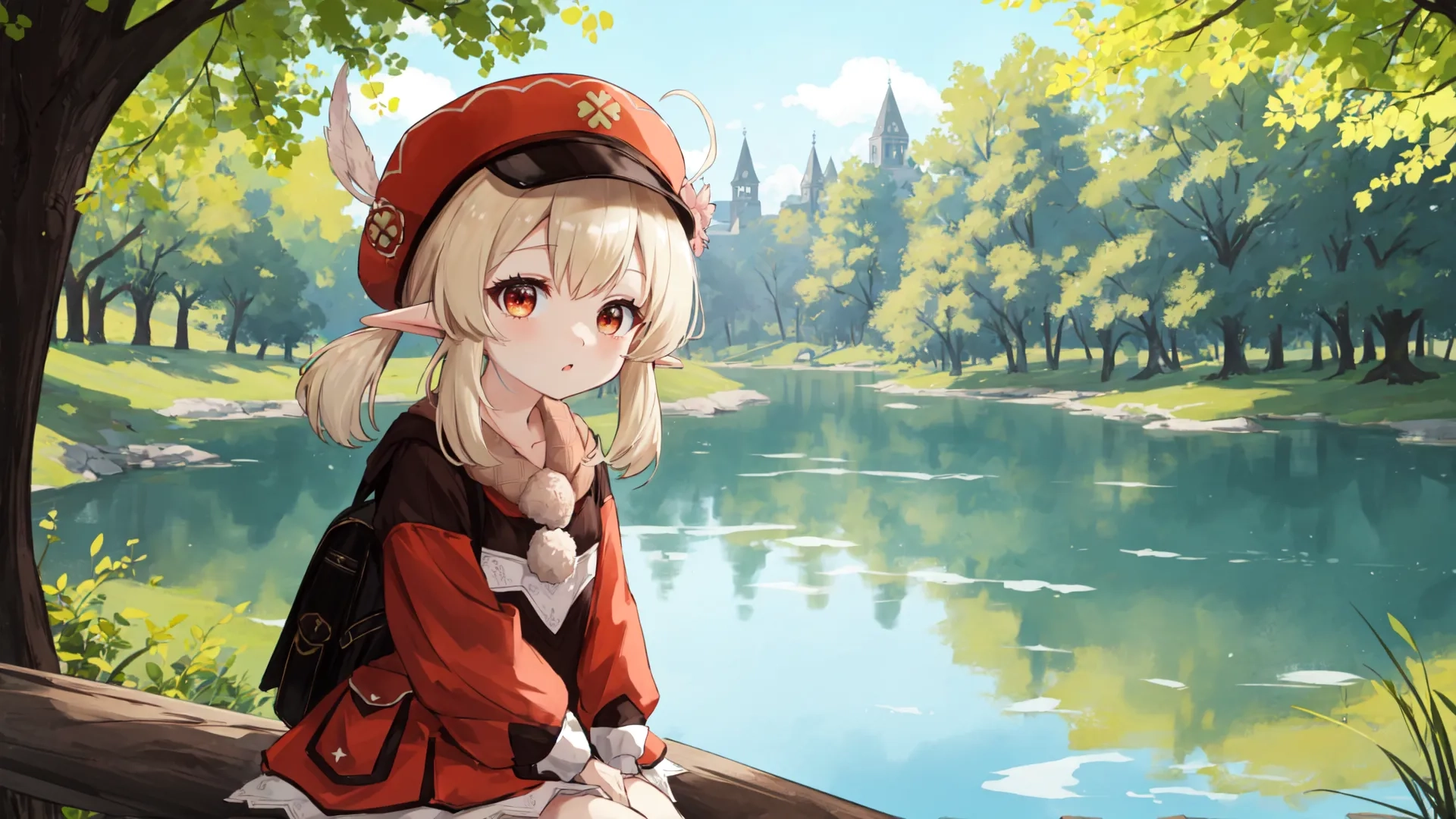 an anime character sits on a long log looking out over a pond with trees in the background and a castle in the distance across from her

