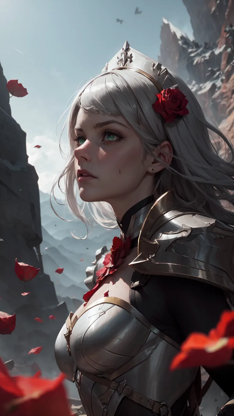 the game witch, showing a beautiful gray haired woman with long white hair and red rose petals and petals on her head, in a scene from the video game
